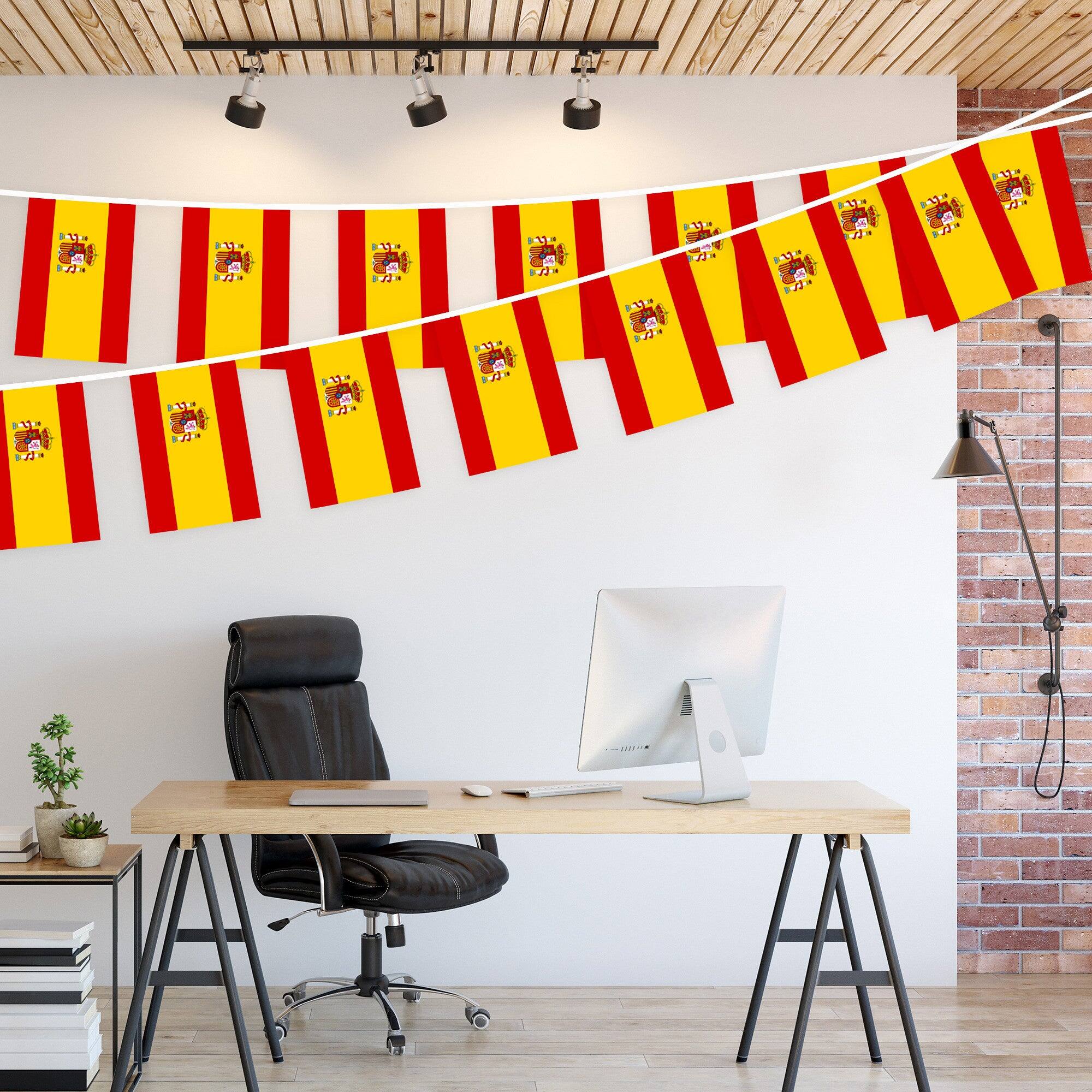 Left. G128 - Spain Flag Bunting Banner, 33 ft, 38 Mini Flags (8.2 x 5.5 in). - Assorted Colors.