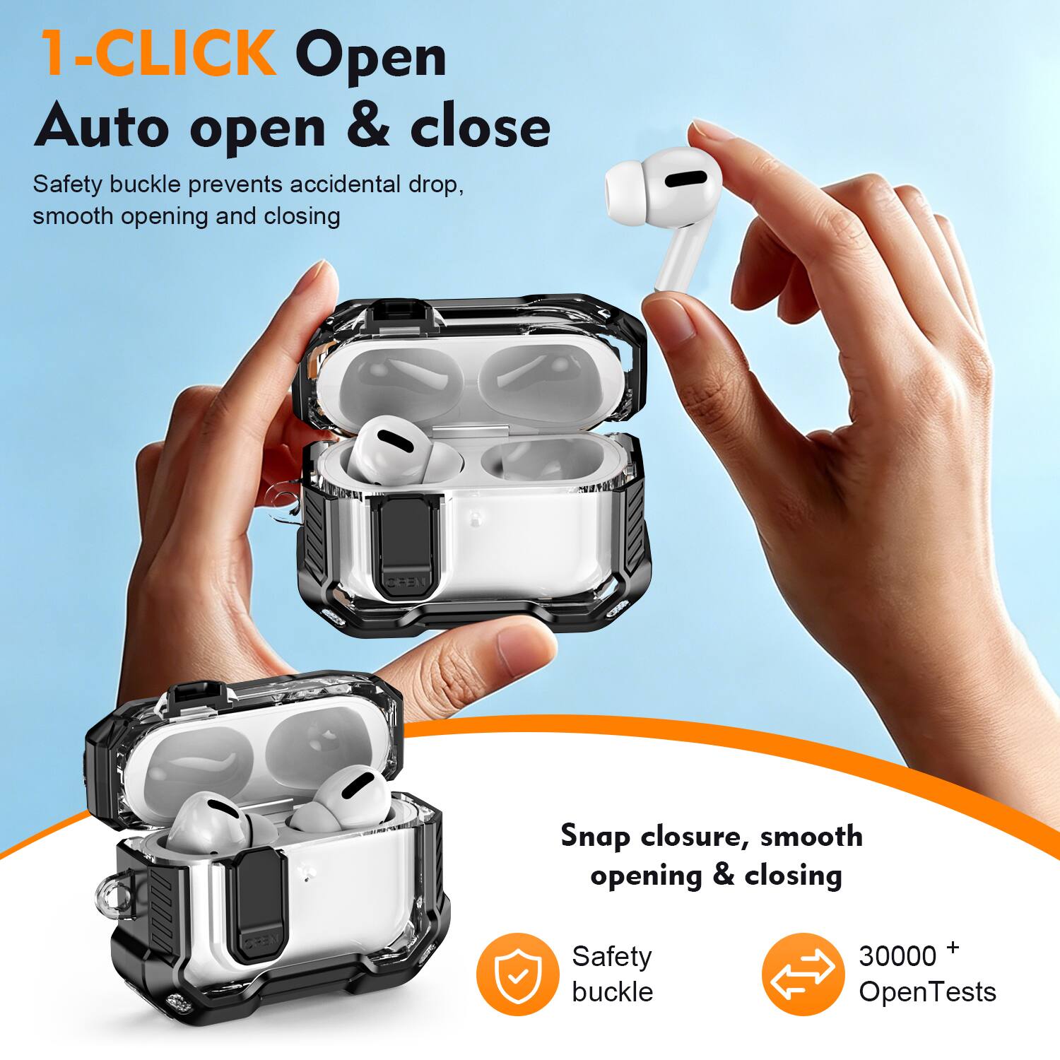 1-CLICK Open  
Auto open & close  
Safety buckle prevents accidental drop, smooth opening and closing  

Snap closure, smooth opening & closing  

Safety buckle  
30000+ OpenTests