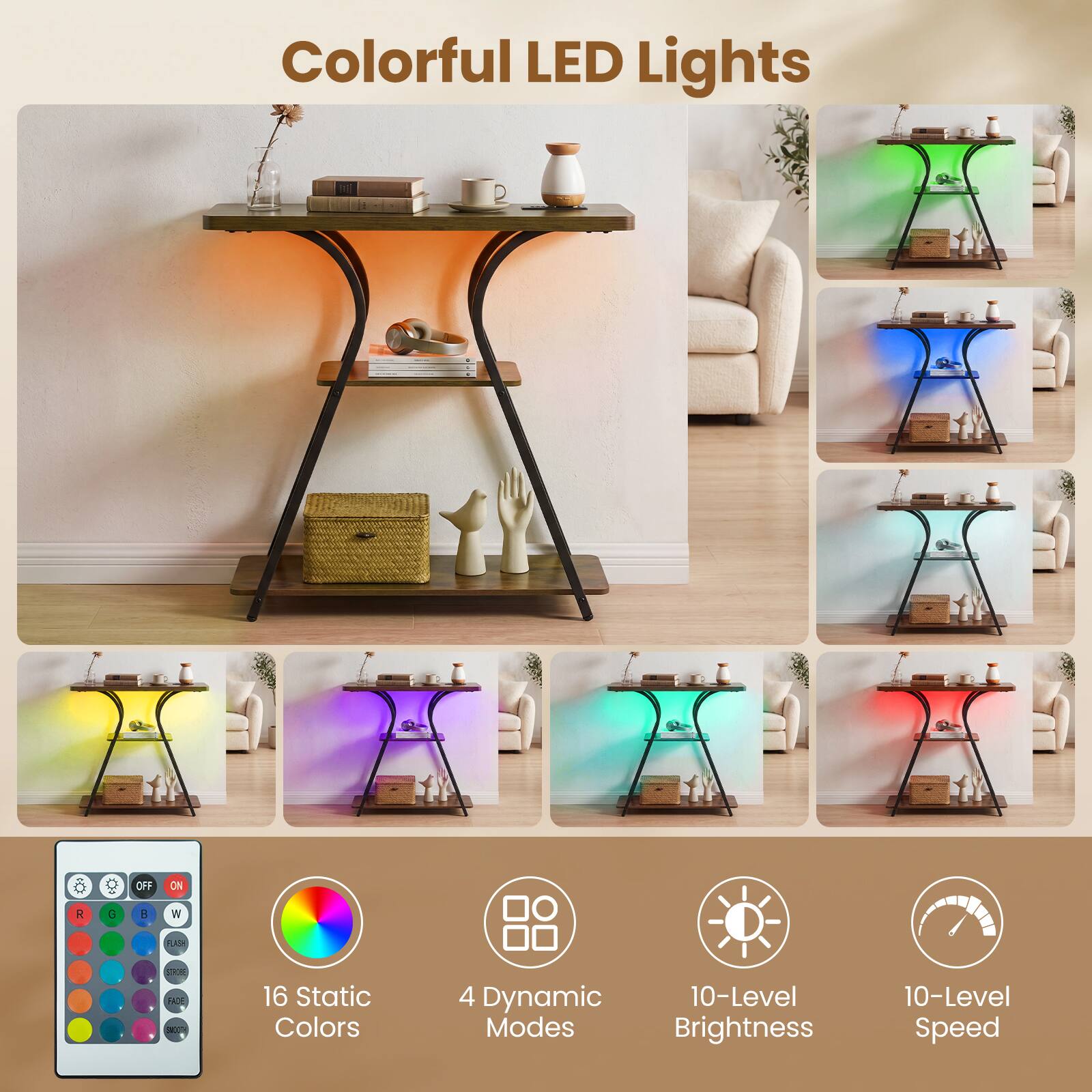 Colorful LED Lights

OFF
ON
R
G
B
W
FLASH
100 FADE 34000

16 Static Colors
4 Dynamic 10-Level Modes
10-Level Brightness
10-Level Speed