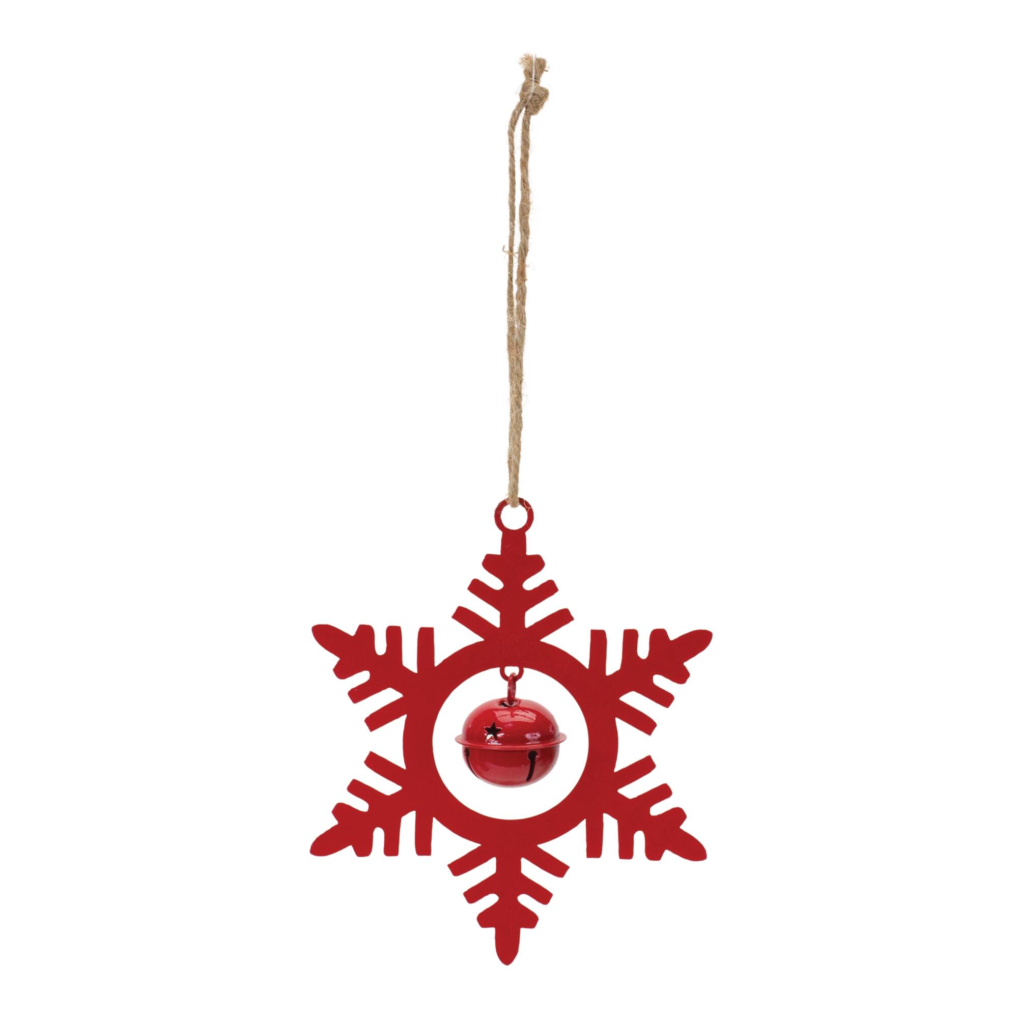 Angle. BreeBe - Metal Snowflake with Bell Ornament (Set of 12) - Red.