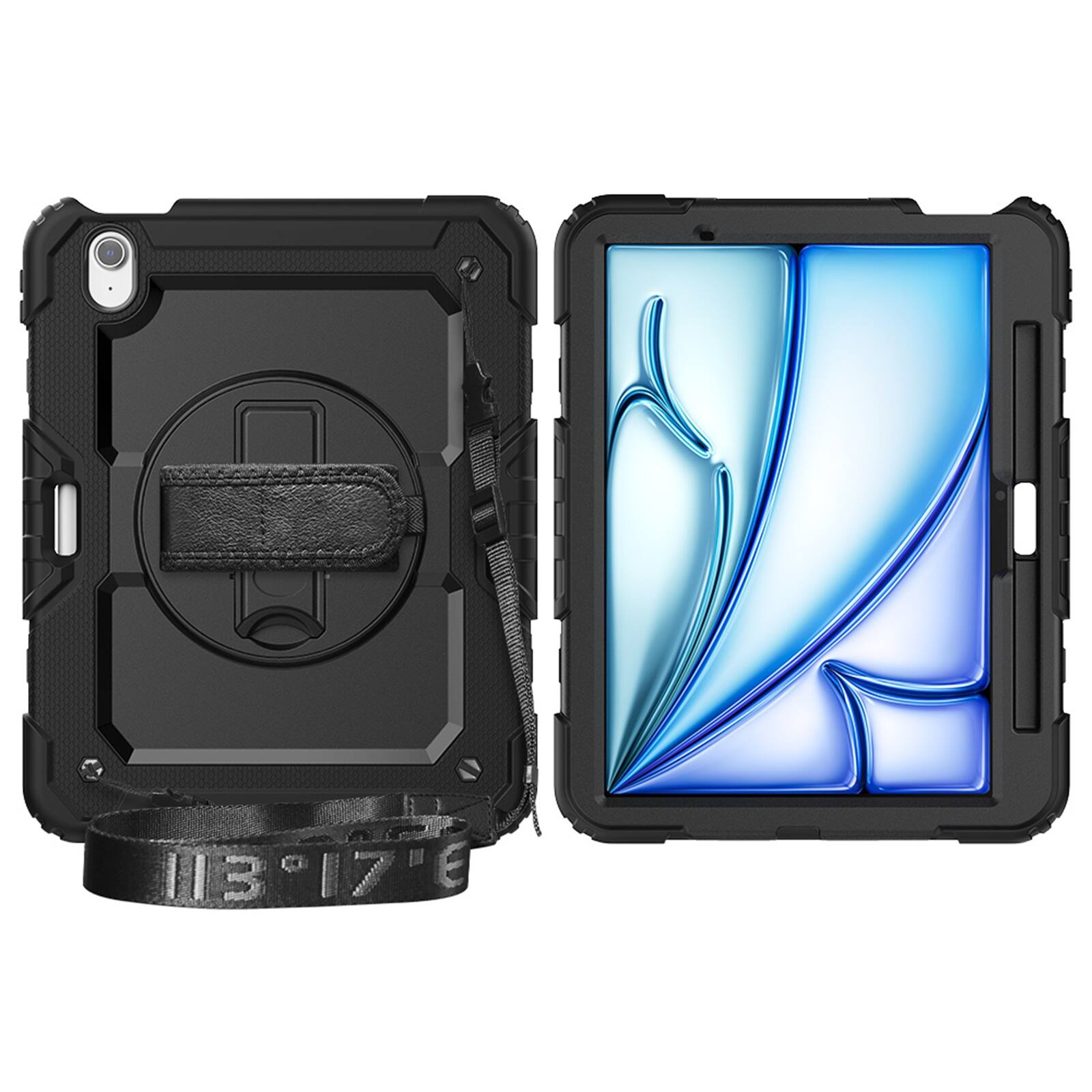 Angle. UUCOVER - Full Body Case for iPad Air 11-inch M4/M3/M2 Shockproof Built-in Screen Protector Stand with Hand/Shoulder Strap Cover - Black.