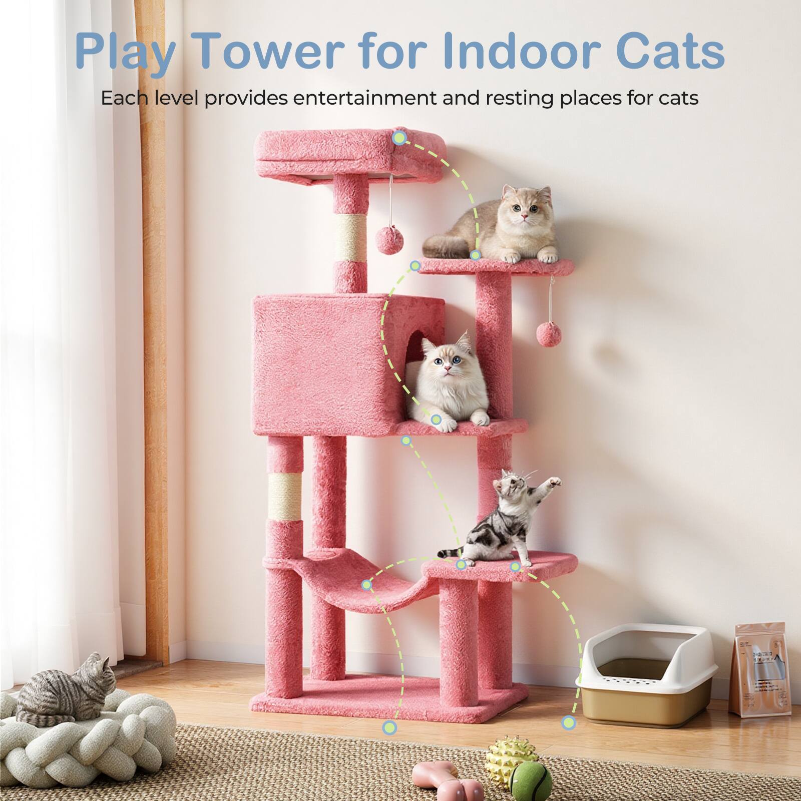 Play Tower for Indoor Cats  
Each level provides entertainment and resting places for cats.