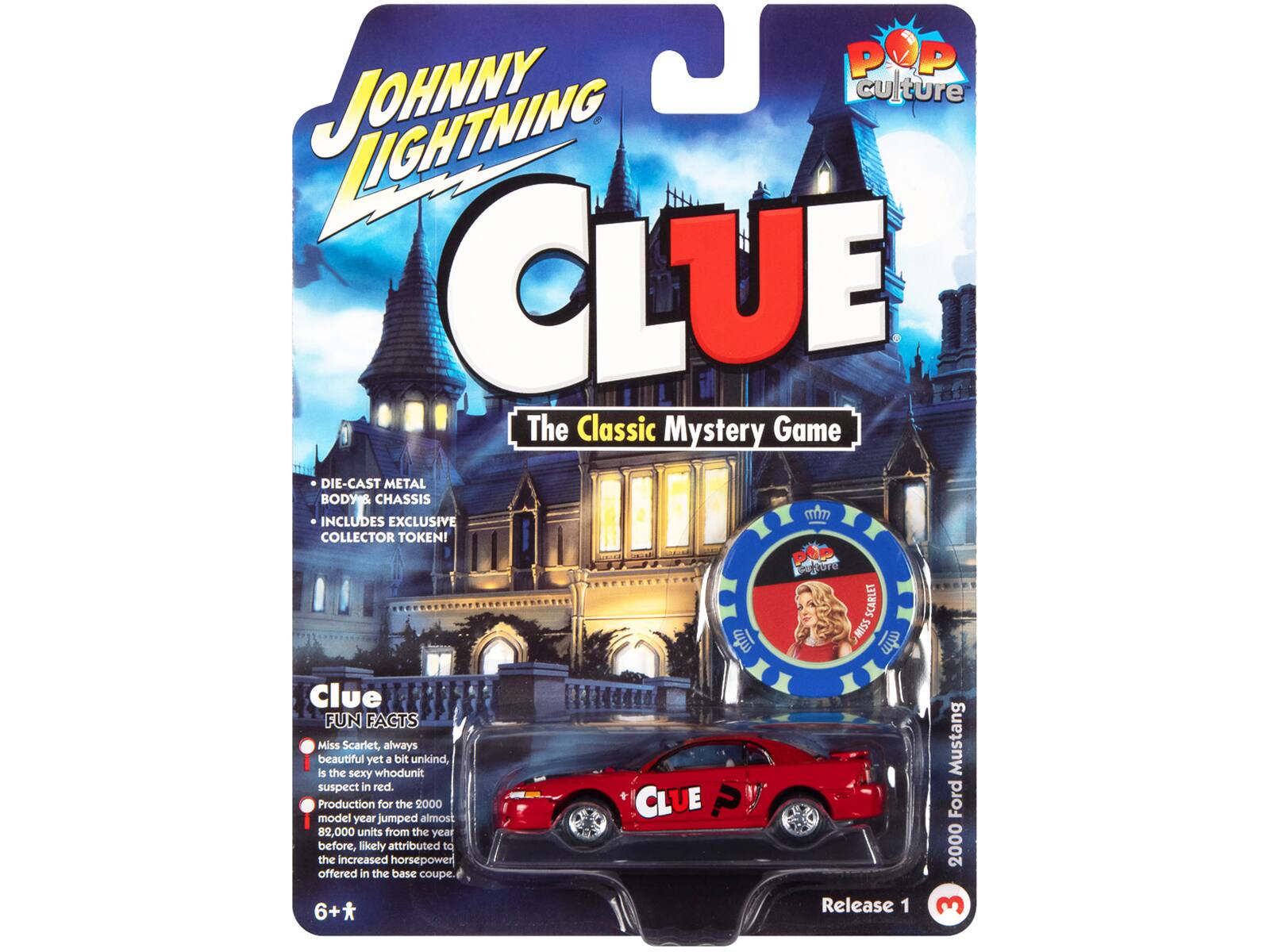 P pop P JOHNNY CU culture LIGHTNING CLUE The Classic Mystery Game DIE-CAST METAL BODY& CHASSIS mim INCLUDES EXCLUSIVE COLLECTOR TOKEN! ore SCARLET MISS 1 Clue FUN FACTS Miss beautiful is the Scarlet, sexy yet whodunit always bit unkind, Mustang suspect in red. model Production for the 2000 almost CLUE ? Ford year jumped 82,000 units from the year before, the increased likely attributed horsepower to 2000 offered in the base coupe 6+* Release 1 3