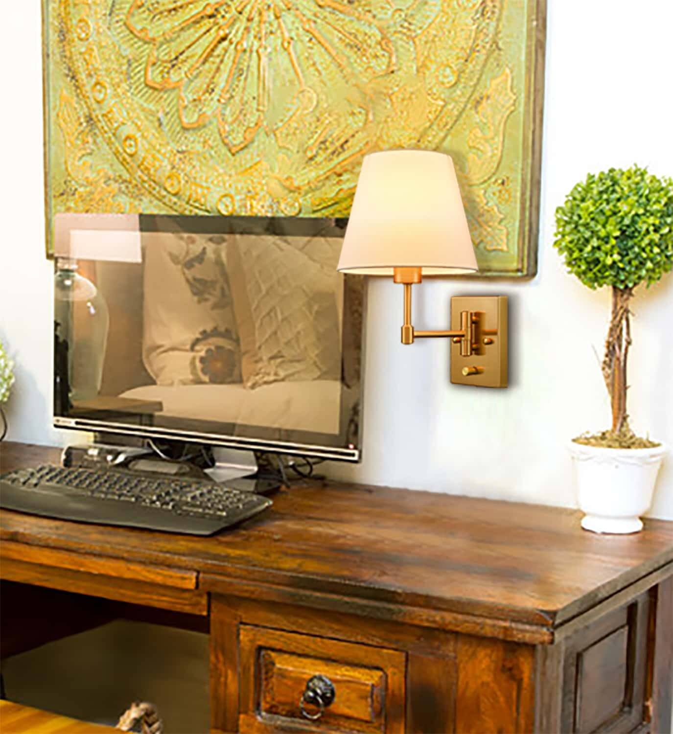 Left. MOOSE - Plug-in Wall Sconces Set Of Two Beige Shade Swing Arm Wall Lamp - Gold.