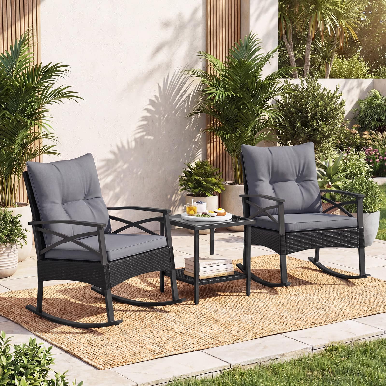 Costway - 3-Piece Rattan Rocking Bistro Set with Tempered Glass Tabletop & Cushions for Porch - Black + Gray price history on PriceWatchPro
