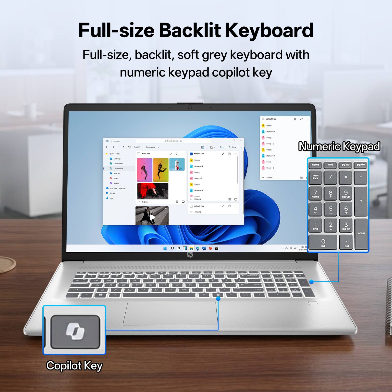 Full-size Backlit Keyboard  
Full-size, backlit, soft grey keyboard with numeric keypad copilot key

Numeric Keypad  
home end pg up pg dn  
7 8 9  
4 5 6  
1 2 3  
0 . enter

Copilot Key