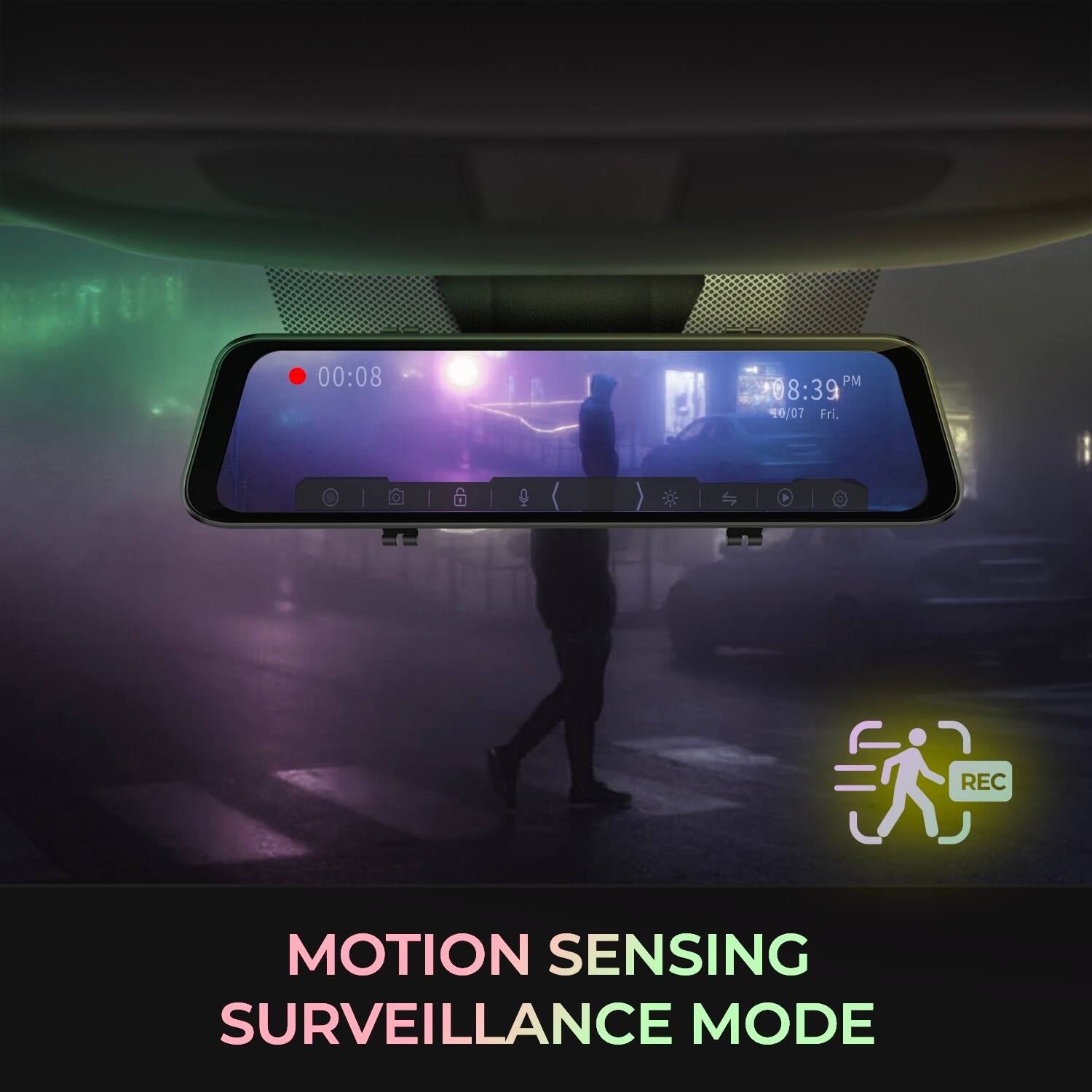 00:08 PM 8:39 16/07 Fri.  
REC  
MOTION SENSING SURVEILLANCE MODE