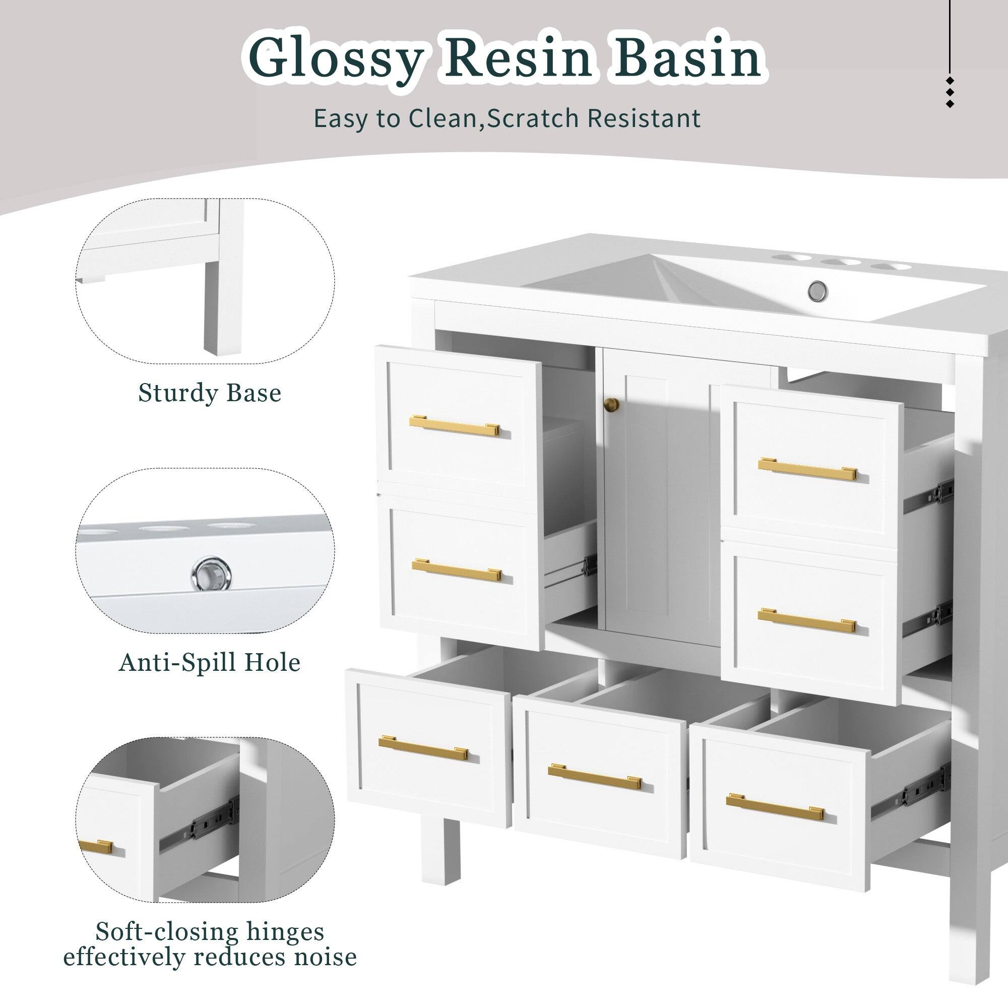 Glossy Resin Basin  
Easy to Clean, Scratch Resistant  

- Sturdy Base  
- Anti-Spill Hole  
- Soft-closing hinges effectively reduces noise