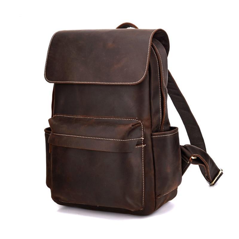 Angle. Steel Horse Leather - The Helka Backpack | Genuine Vintage Leather Backpack - Dark Brown.