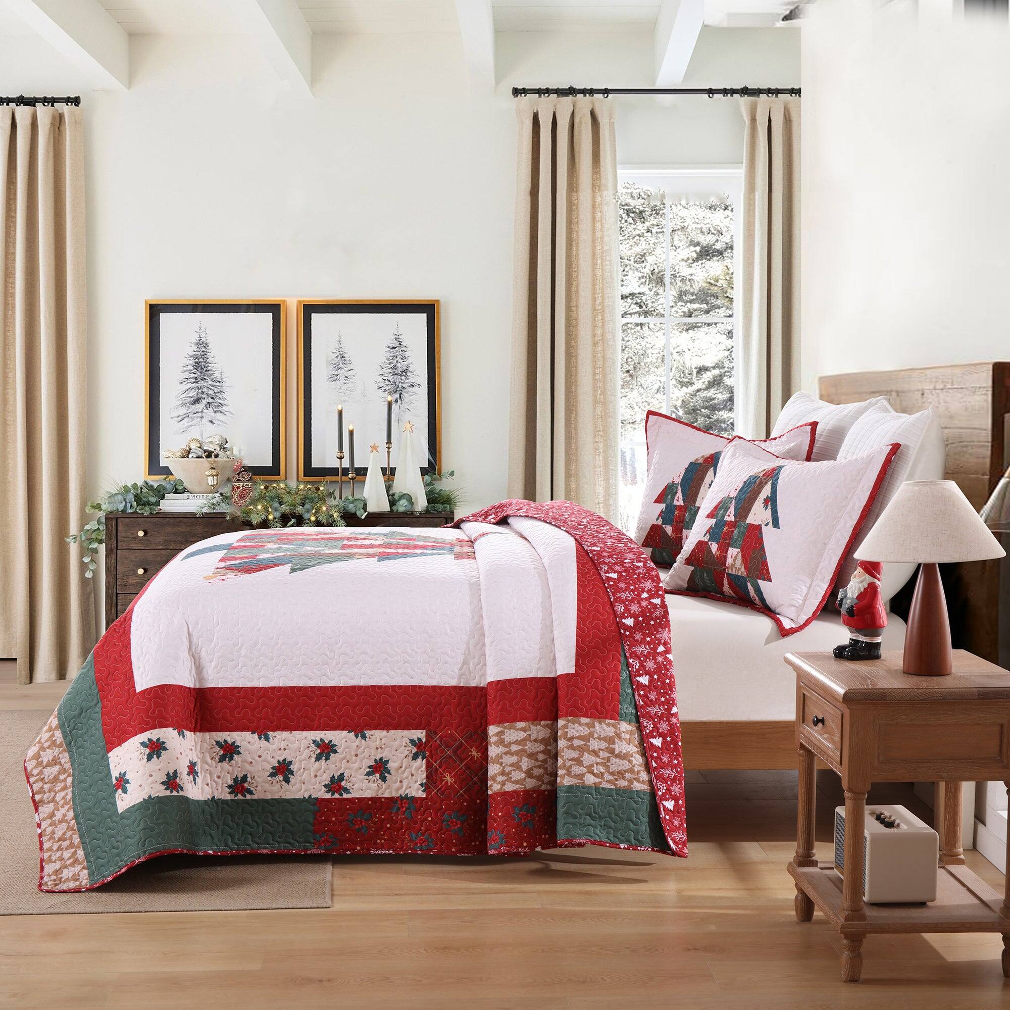 Alt View 3. MarCielo - MarCielo 3 Pcs Patchwork Christmas Tree Polyester Quilt Set Holiday Bedspread - Red.