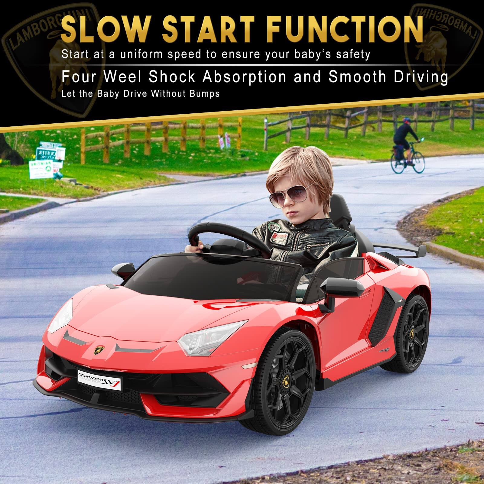 LAMBORGHINI  
SLOW START FUNCTION  
Start at a uniform speed to ensure your baby's safety  
Four Wheel Shock Absorption and Smooth Driving  
Let the Baby Drive Without Bumps