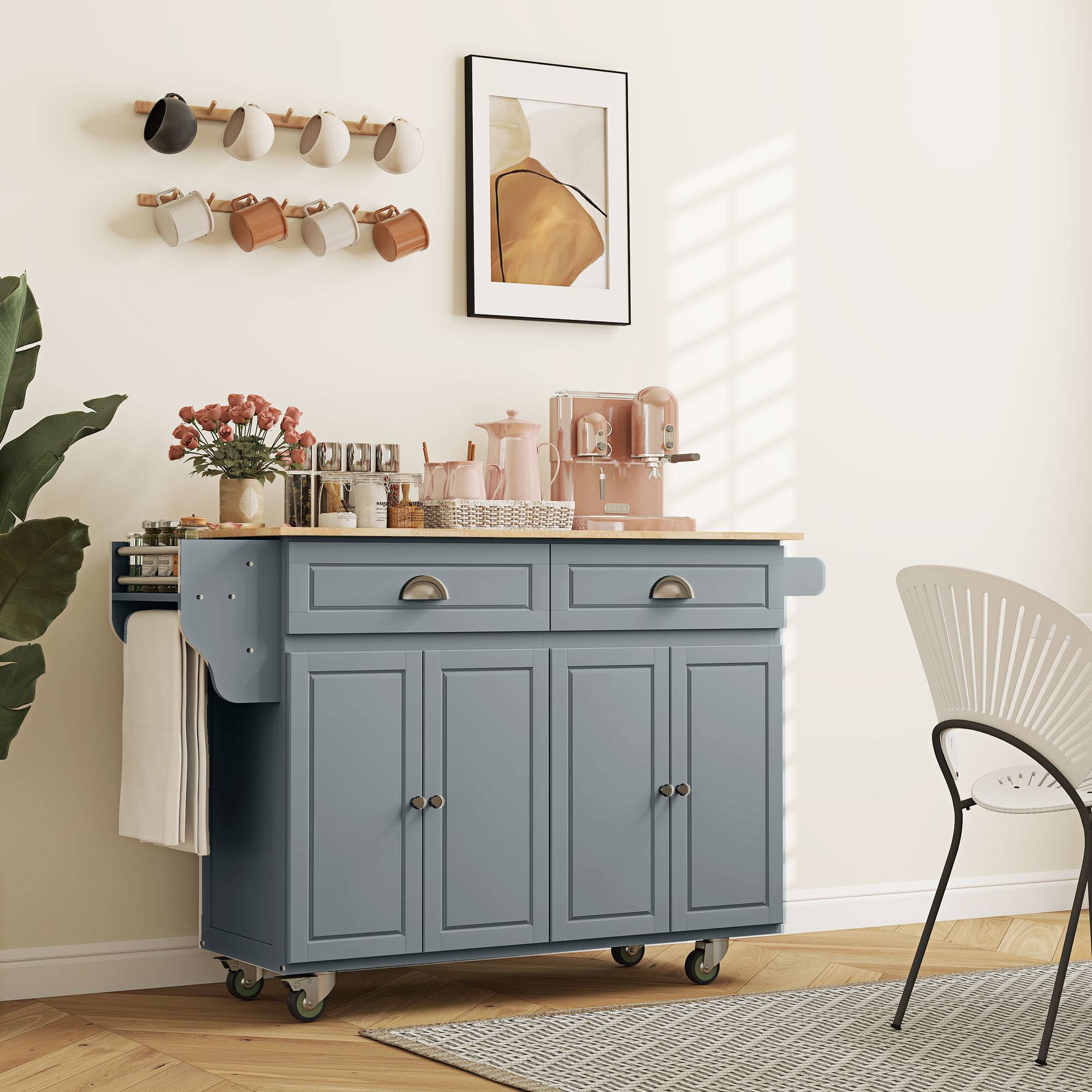 Alt View 8. Homcom - Rolling Kitchen Island Cart with Drop Leaf, Kitchen Cart on Wheels with Rubber Wood Top, 2 Drawers - Dark Gray.