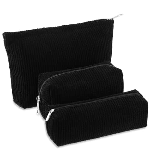 Fabibe - 3 Makeup Bag Set For Women Corduroy Pouch Aesthetic Smile Travel Toiletry Cute Purse Pencil Case Brushes Storage Organiz - Black-Solid Style