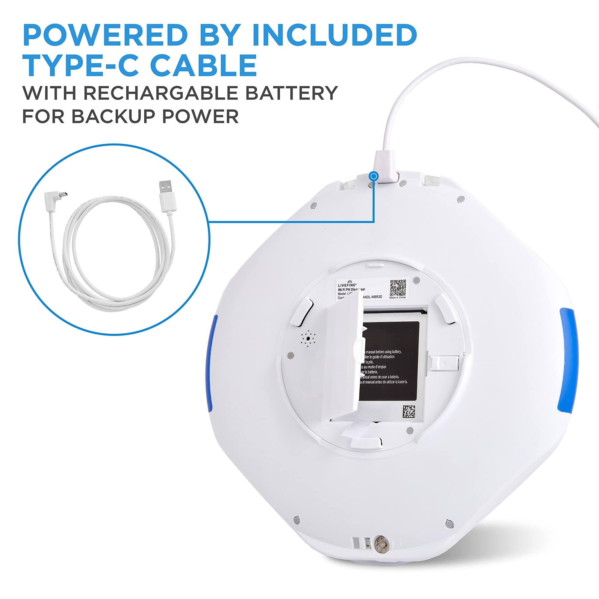 POWERED BY INCLUDED TYPE-C CABLE WITH RECHARGABLE BATTERY FOR BACKUP POWER