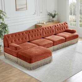 Anysun - 135" L-Shape Pet-Friendly Velvet Sofa - Chesterfield Style, Tassel Skirt, Curved Armrests, Free Combo for Living Room - Red