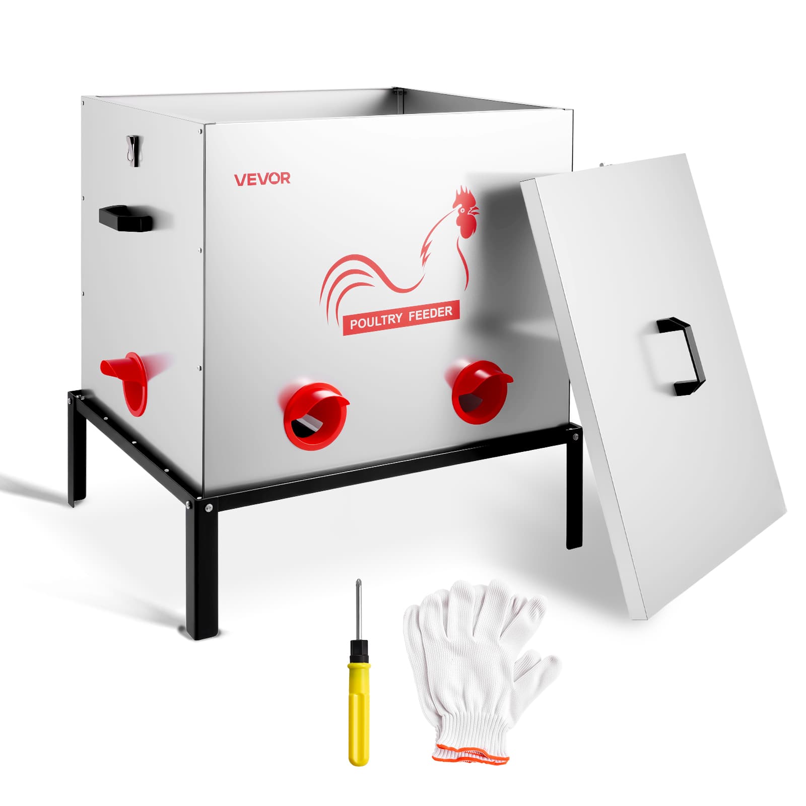 VEVOR - Automatic Chicken Feeder, 85 lbs Capacity, 6 Feeding Ports No-Waste Poultry Feeder with Built-In Divider, with Latch - Silver + Red + Black