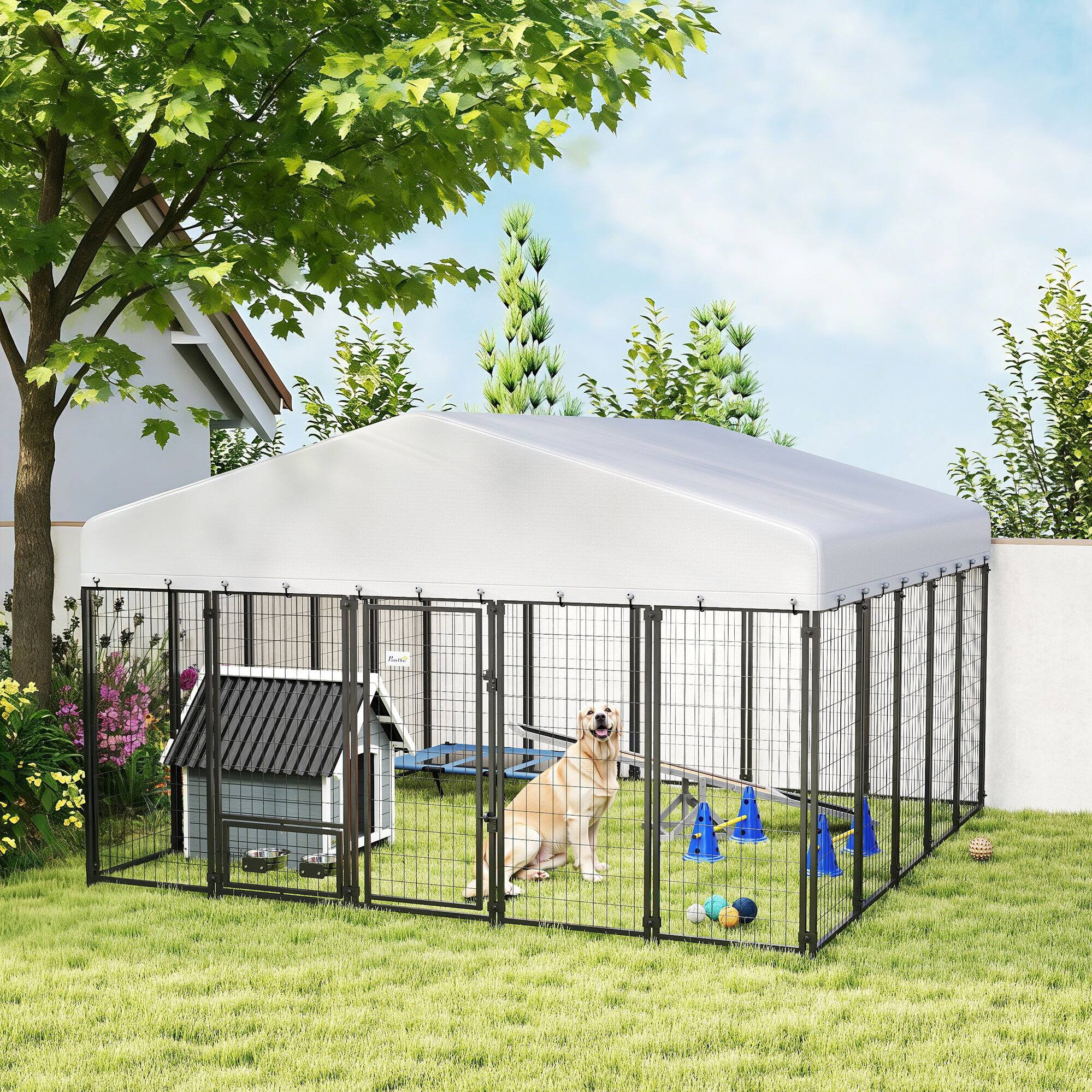 Alt View 1. Pawhut - x 9.8' x 6' Outdoor Dog Kennel, Dog Kennel Outside Run with 360° Rotating Bowls - Silver.