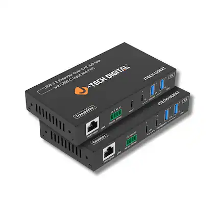 - USB 3.2 Extender Over CAT 328 feet with USB-C Input and PoC
- JTECH DIGITAL
- JTECH-UCEXT TX
- JTECH-UCEXT RX
- Transmitter
- Receiver
- USB 3.2
- RS-323 FSYNC
- LINK
- HDBT-USB3
- USB DEVICES
- HOST
- TX + RX (IO)
- USB DEVICES