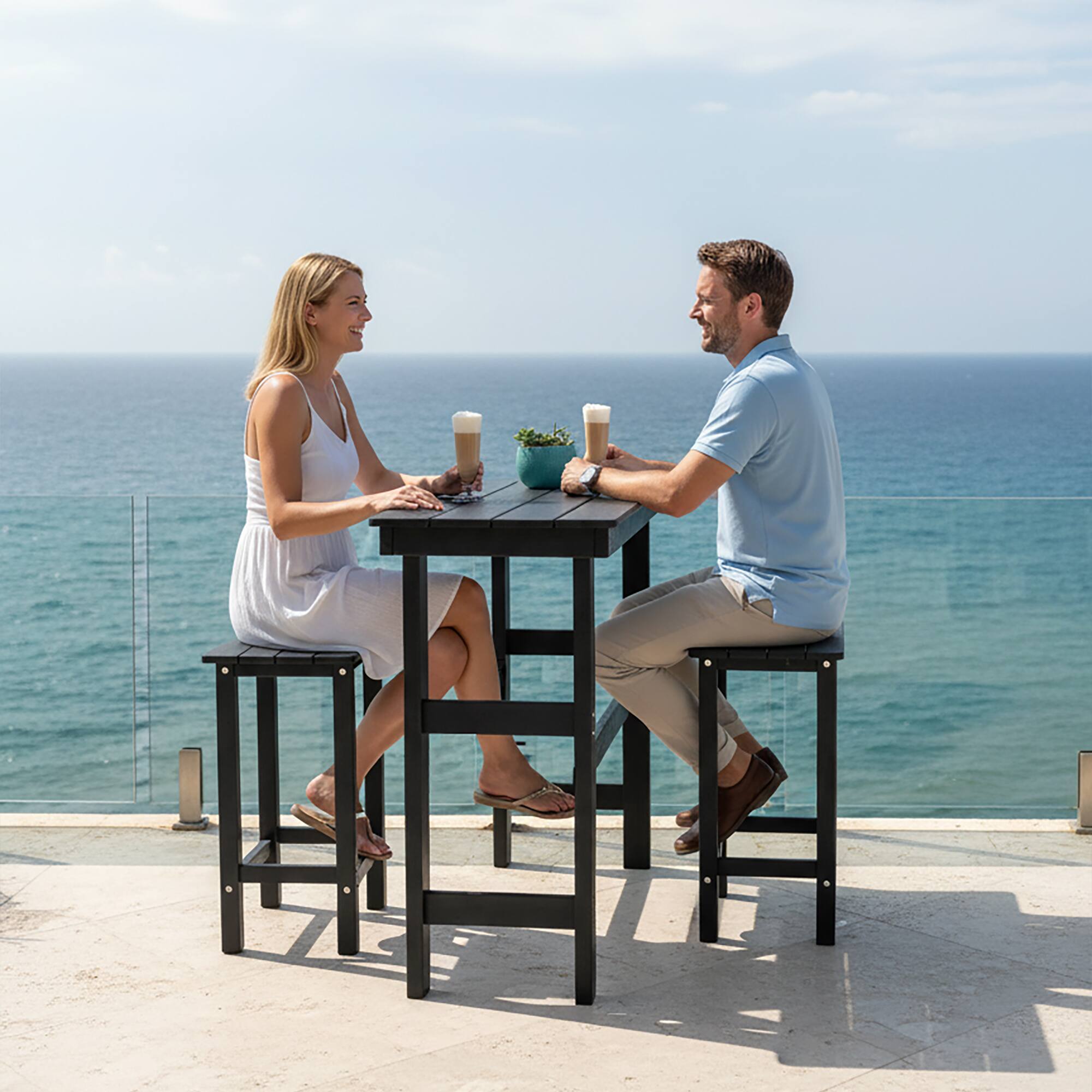 Angle. Fortune Candy - HDPE Patio Bar Set, Outdoor Bar Stools with Table, Weather Resistant, for Poolside, Garden, Yard, Balcony (3 Piece) - Black.