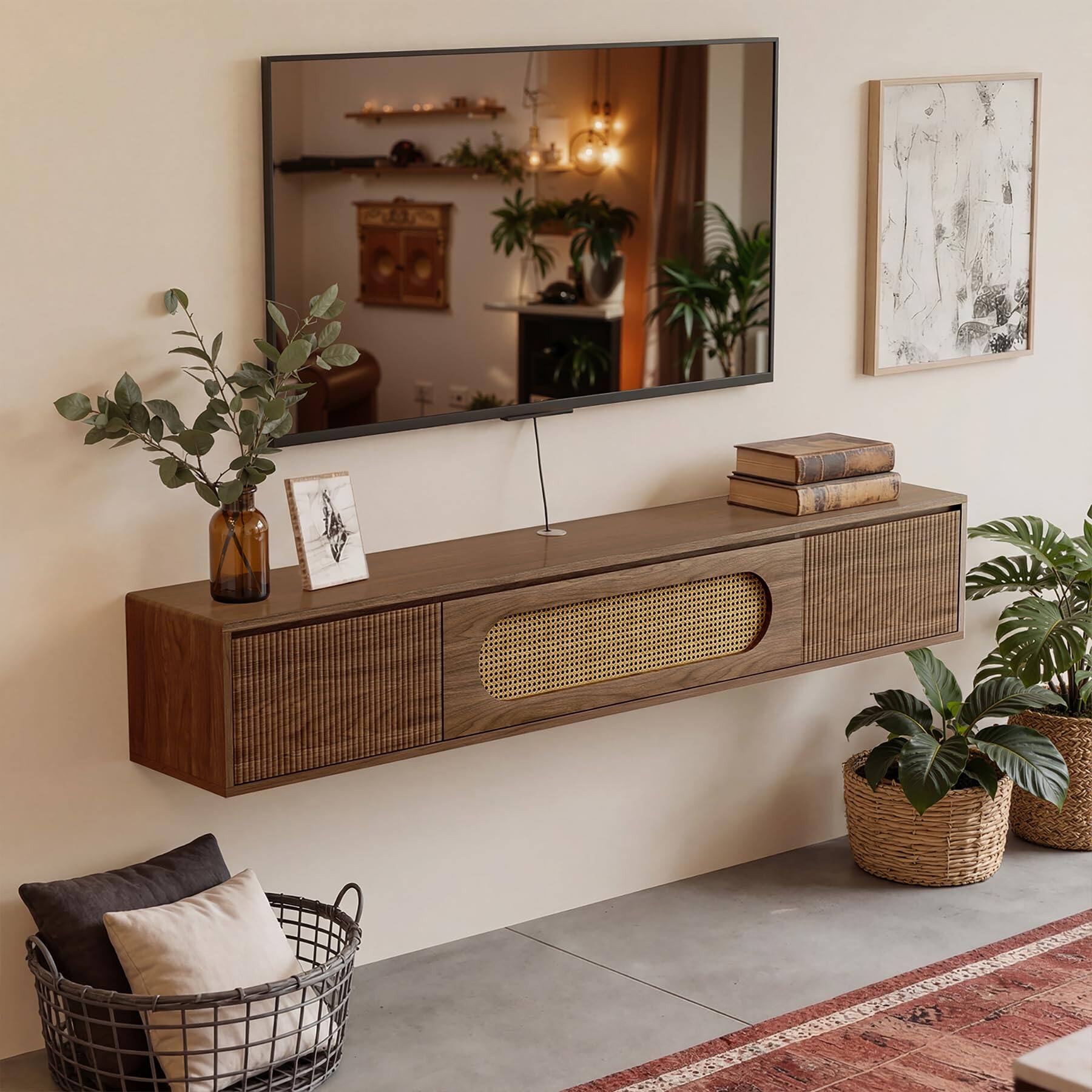 Alt View 9. Tribesigns - LITTLE TREE 71'' Floating TV Stand Wall Mounted, Large Floating TV Stand, Fluted Floating Shelf for Under TV, Modern Med - Rustic Brown.