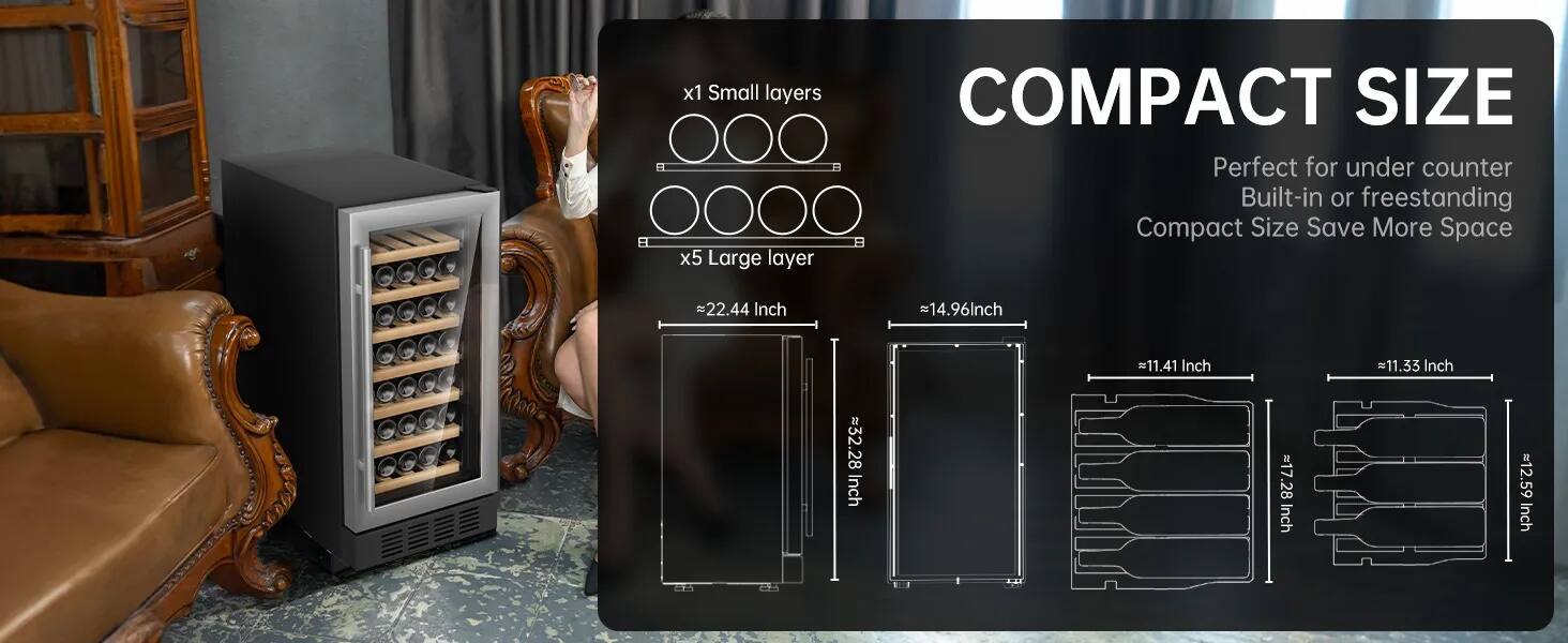 x1 Small layer  
x5 Large layer  

COMPACT SIZE  
Perfect for under counter  
Built-in or freestanding  
Compact Size Save More Space  

=22.44 Inch  
=14.96 Inch  
=11.41 Inch  
=11.33 Inch  
=32.28 Inch  
=17.28 Inch  
=12.59 Inch