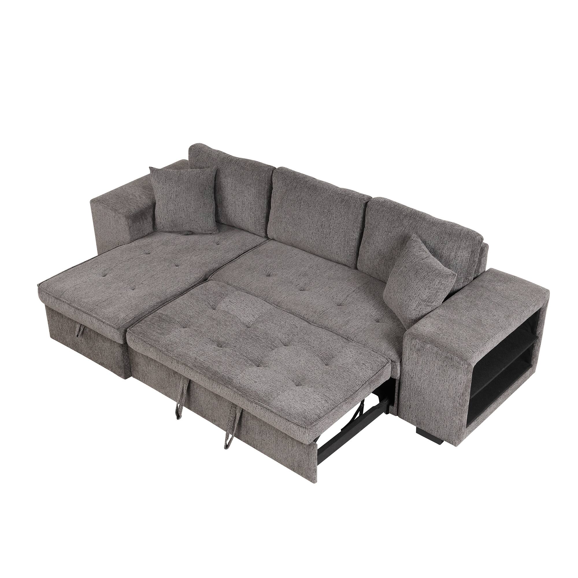 Back. LUCKY ONE - 104.5" L-Shape Reversible Pull-Out Sleeper Sectional Sofa with Storage Chaise & 2 Stools - Knox Charcoal.