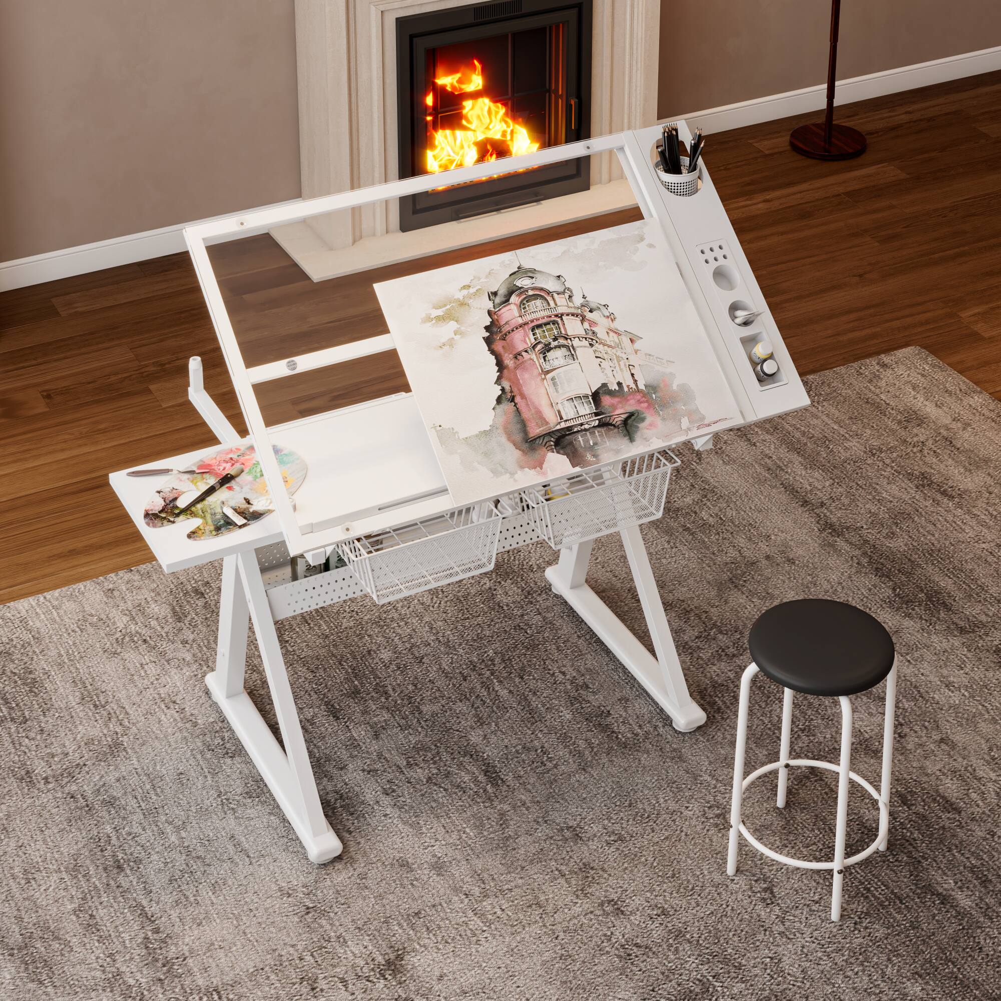 Alt View 1. GOODSILO - Adjustable Tempered Glass Drafting Table with Chair and Storage - Hand Crank Height Adjustment for Art and Office Use - White.