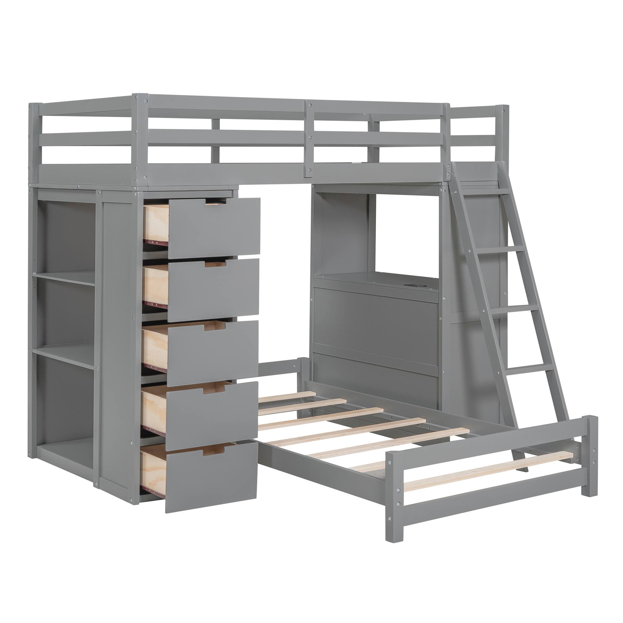 Alt View 4. Tiramisubest - Gray Twin over Twin Bunk Bed with LED, USB, Drawers, Shelves & Desk - Gray.