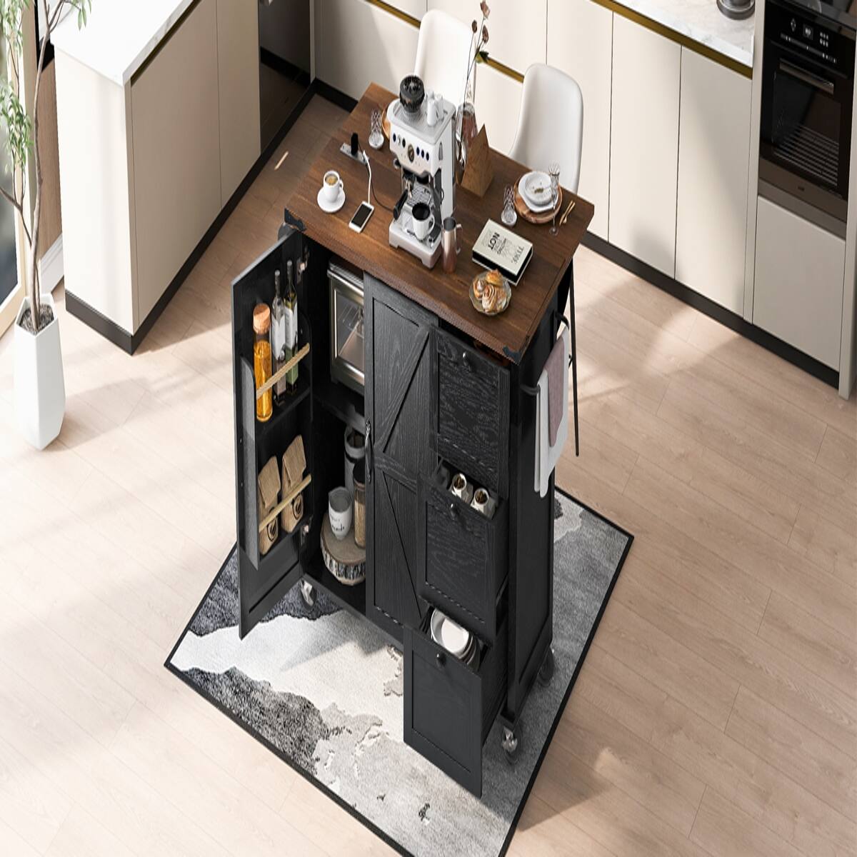 Back. Loheer - Loheer 54.5" Farmhouse Kitchen Island with Power Outlet, Drop Leaf, Rolling Kitchen Cart on Wheels, Black - Black.