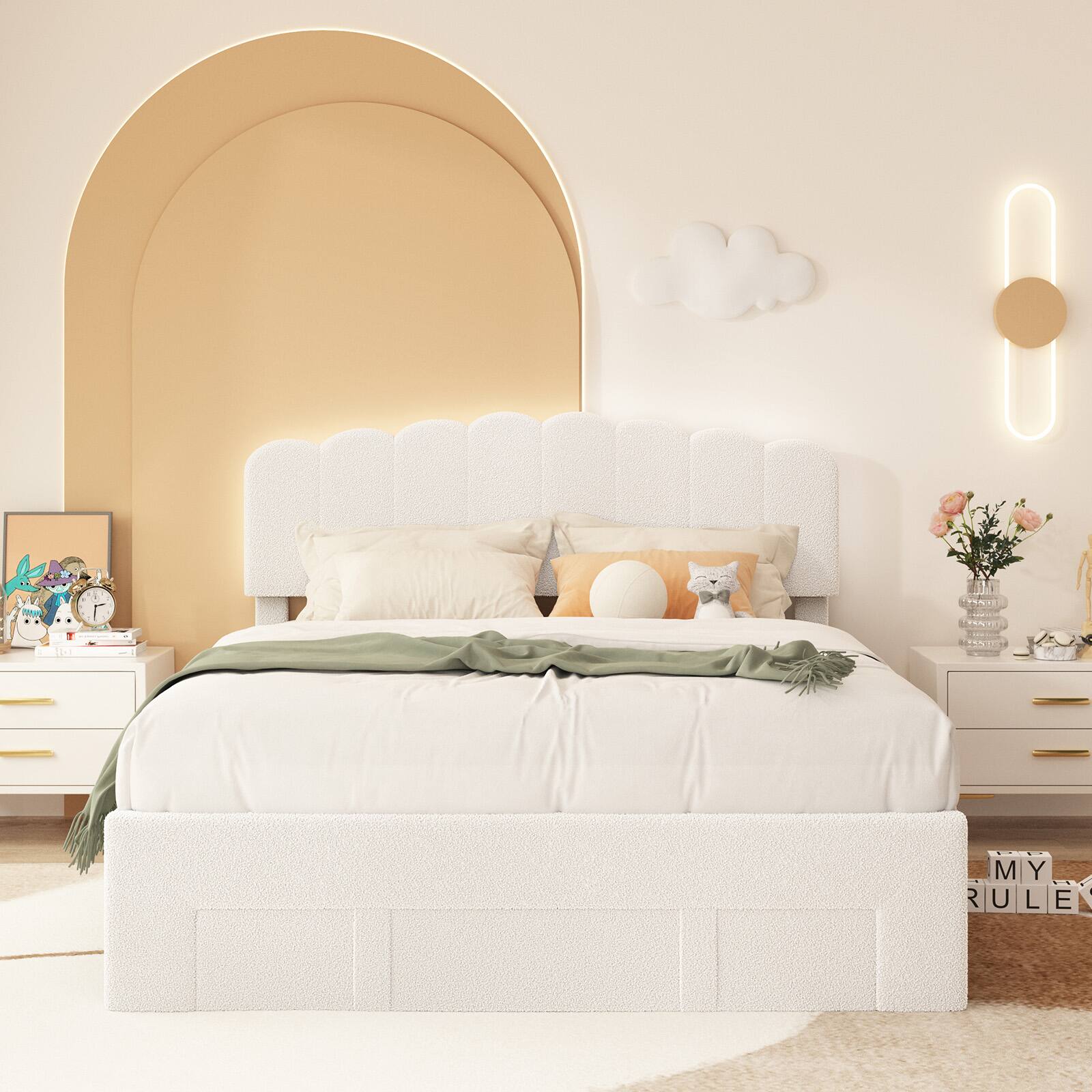 Angle. Bestier - Modern Upholstered Bed Frame with Wave Headboard, White Ambience Lighting and Extra-Large Storage Drawer - white.