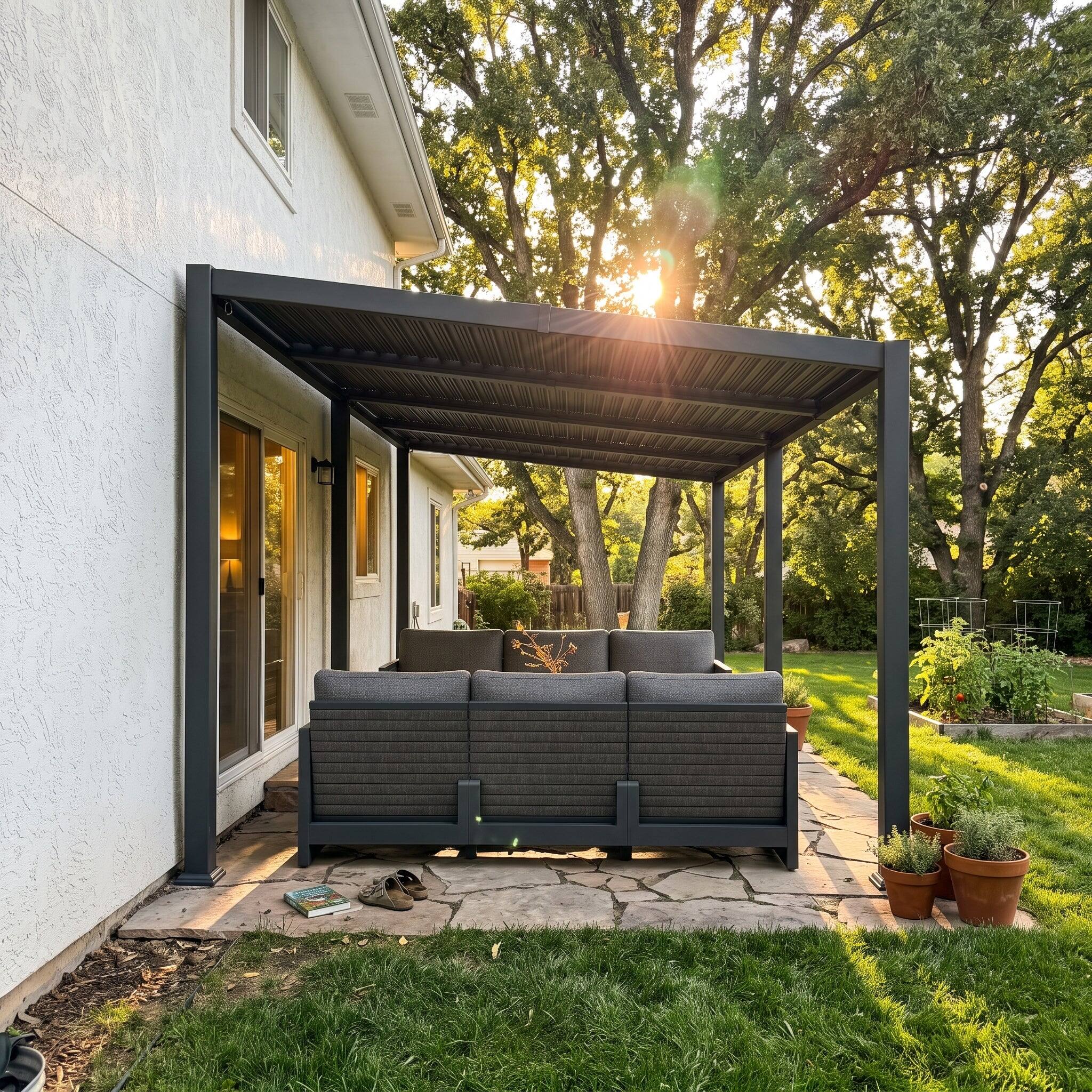 Angle. PURPLE LEAF - 10'×20' Louvered Pergola Slanted Roof Outdoor Aluminum Frame With Adjustable Rainproof roof for Patio Garden Yard - Gray.