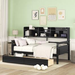 Aukfa - Twin size Daybed, Wood Slat Support, with Bedside Shelves and Two Drawers - Espresso
