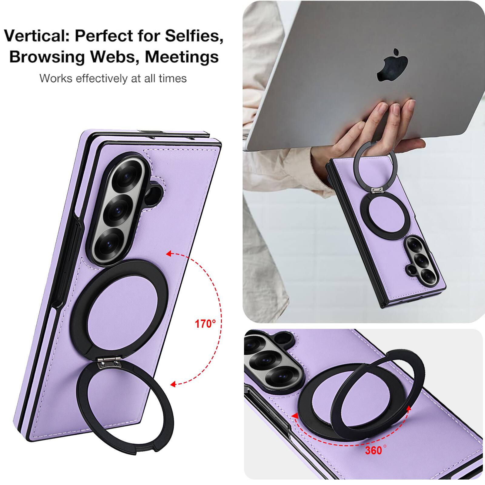 Vertical: Perfect for Selfies, Browsing Webs, Meetings  
Works effectively at all times  

170°  
360°
