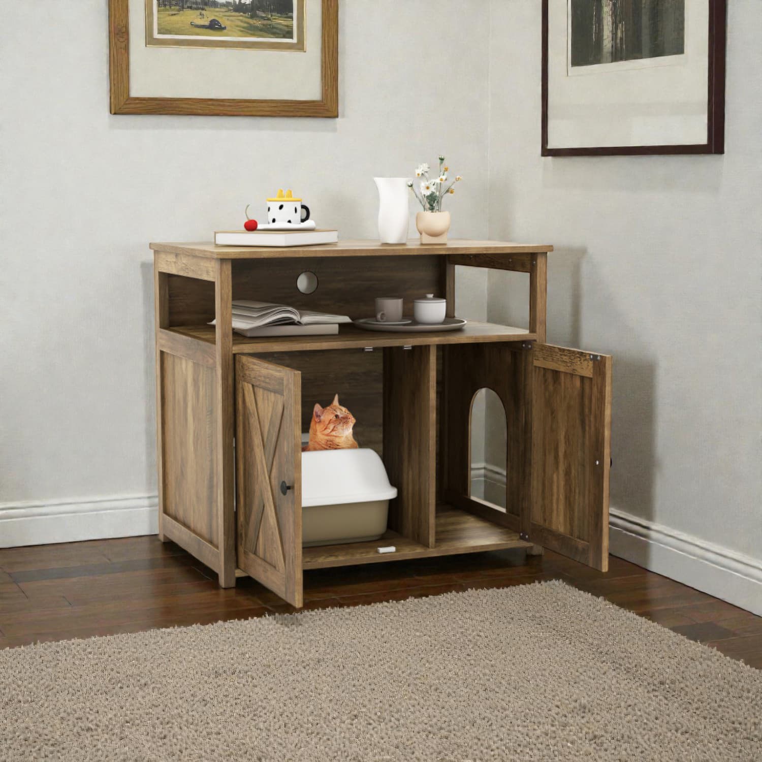 BreeBe - Wooden Cat Litter Box Cabinet with Barn Doors, Divider Panel, and Side Entry Design - Oak