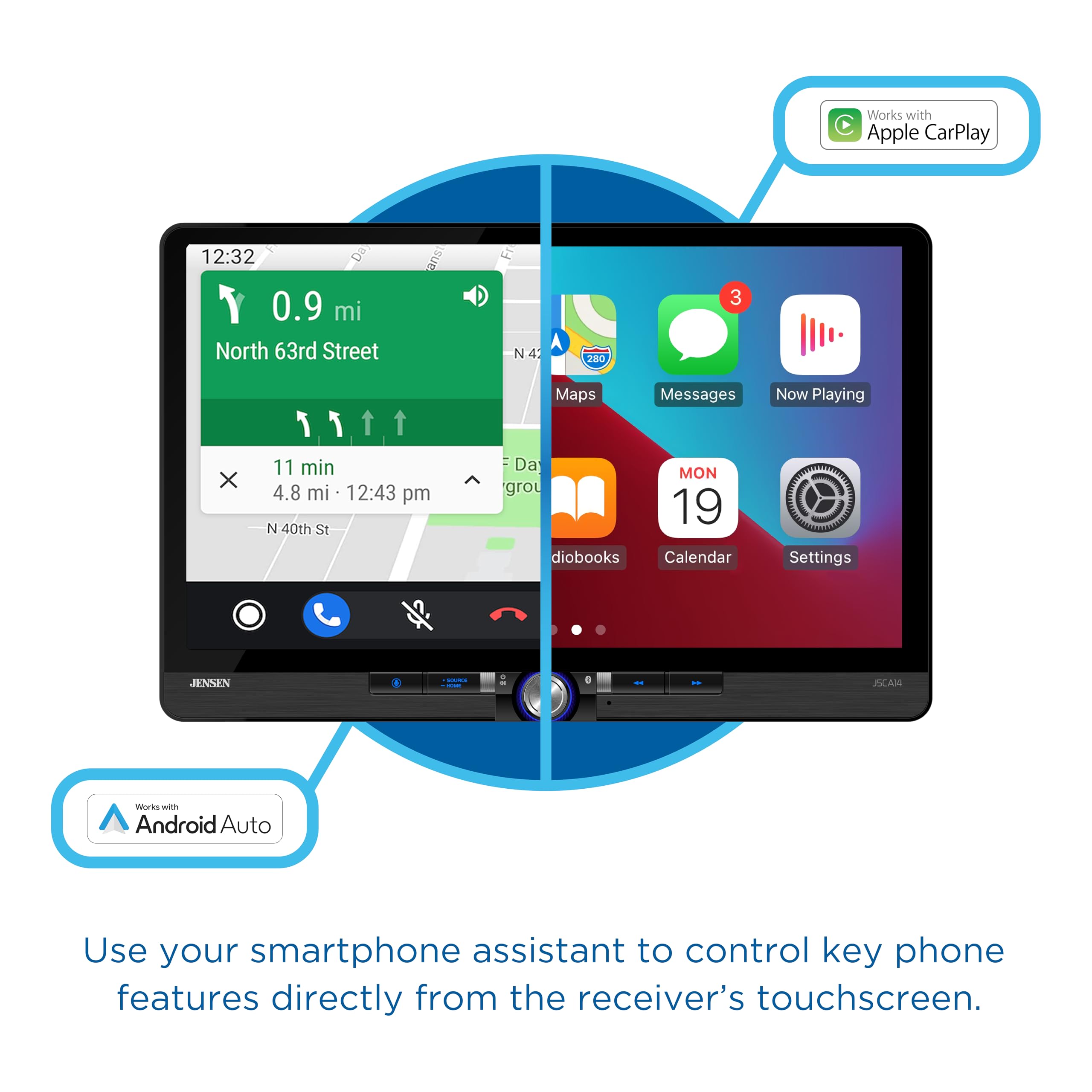 Works with Apple CarPlay, Works with Android Auto, Use your smartphone assistant to control key phone features directly from the receiver's touchscreen.