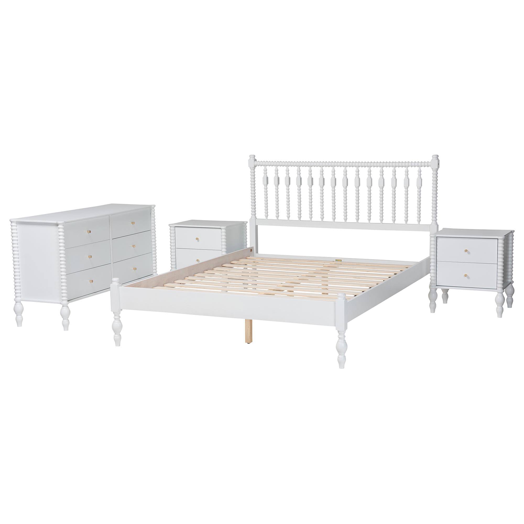 Angle. Baxton Studio - Callison Spindle 4-Piece Bedroom Set - Platform Bed with Matching Dresser and 2-Drawer Nightstands, Full - White.