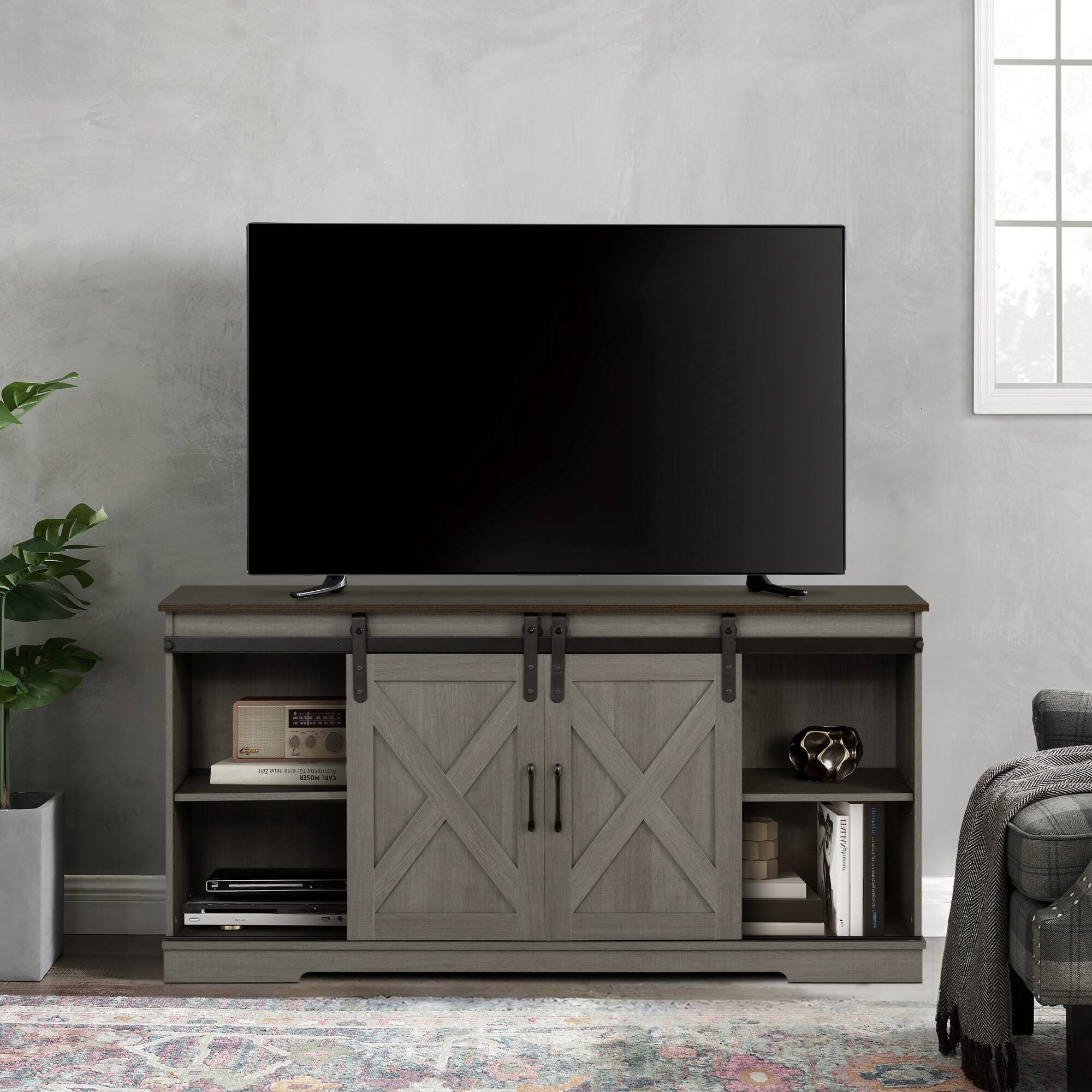 Back. Vaczon - 56" Farmhouse Tv Stand with Storage and Sliding Barn Doors, Media TV Stand Table for Living Room, Bedroom - Gray.