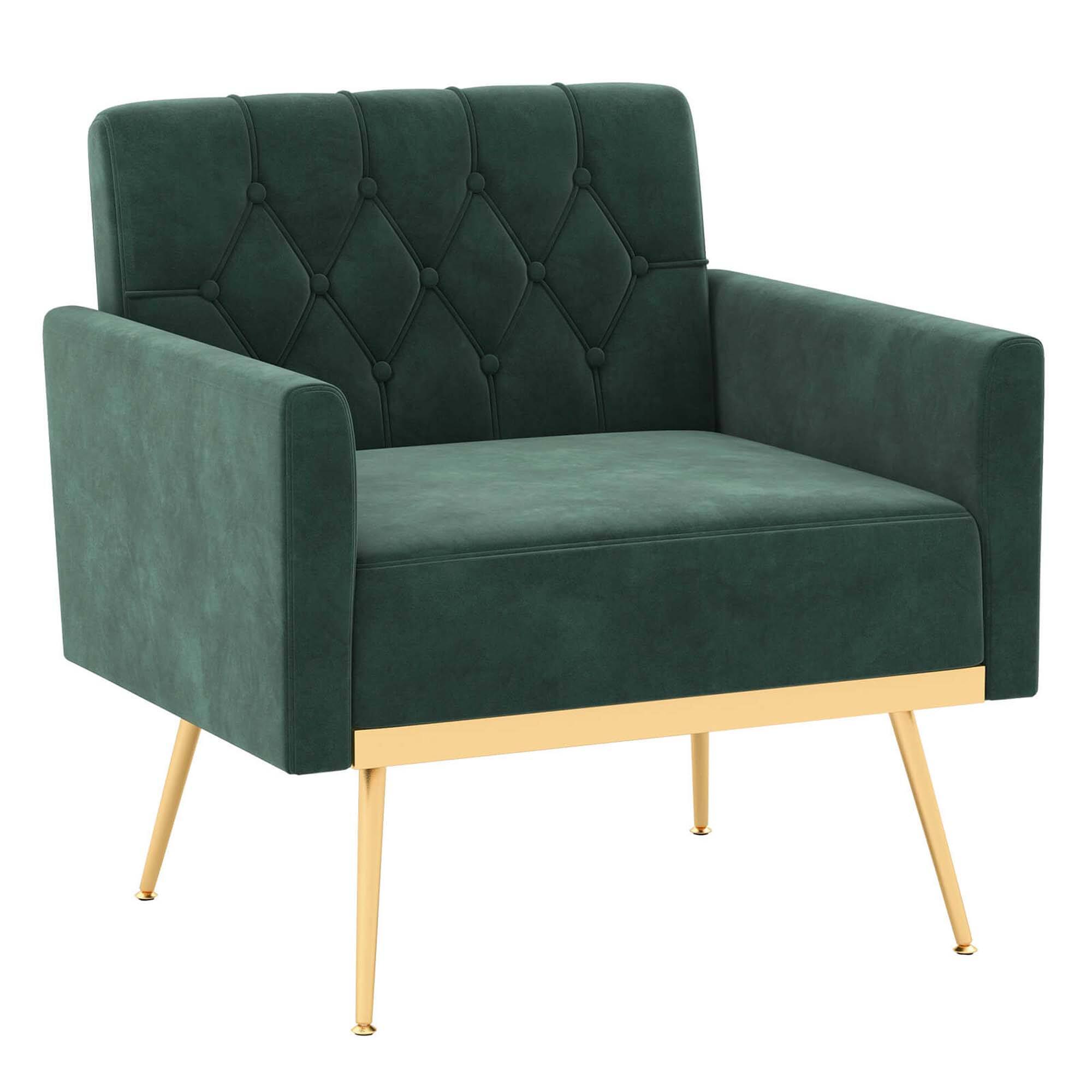 Front. Costway - Modern Velvet Button Tufted Back Accent Chair with Golden Metal Legs and Foot Pads - Dark Green.