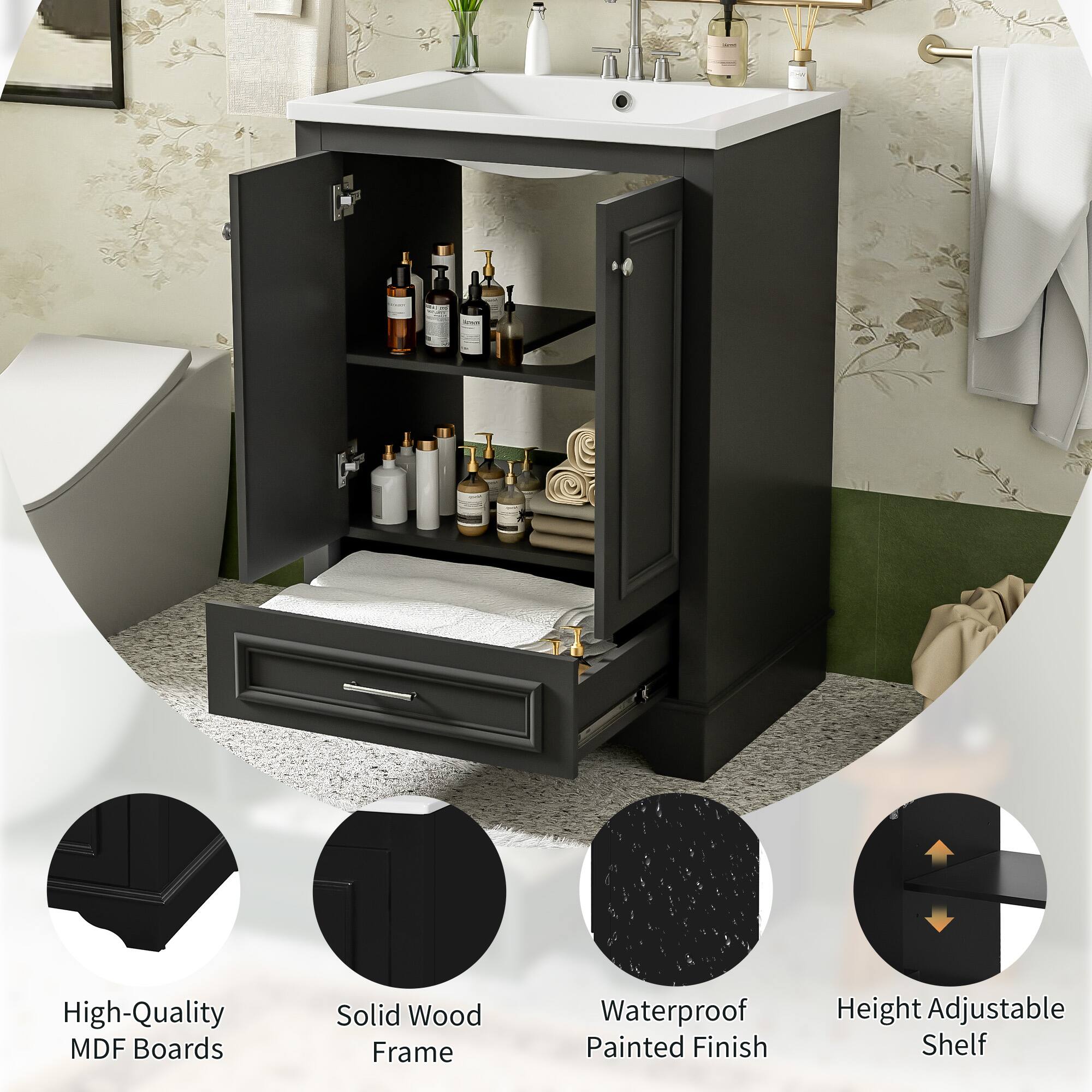 High-Quality MDF Boards  
Solid Wood Frame  
Waterproof Painted Finish  
Height Adjustable Shelf