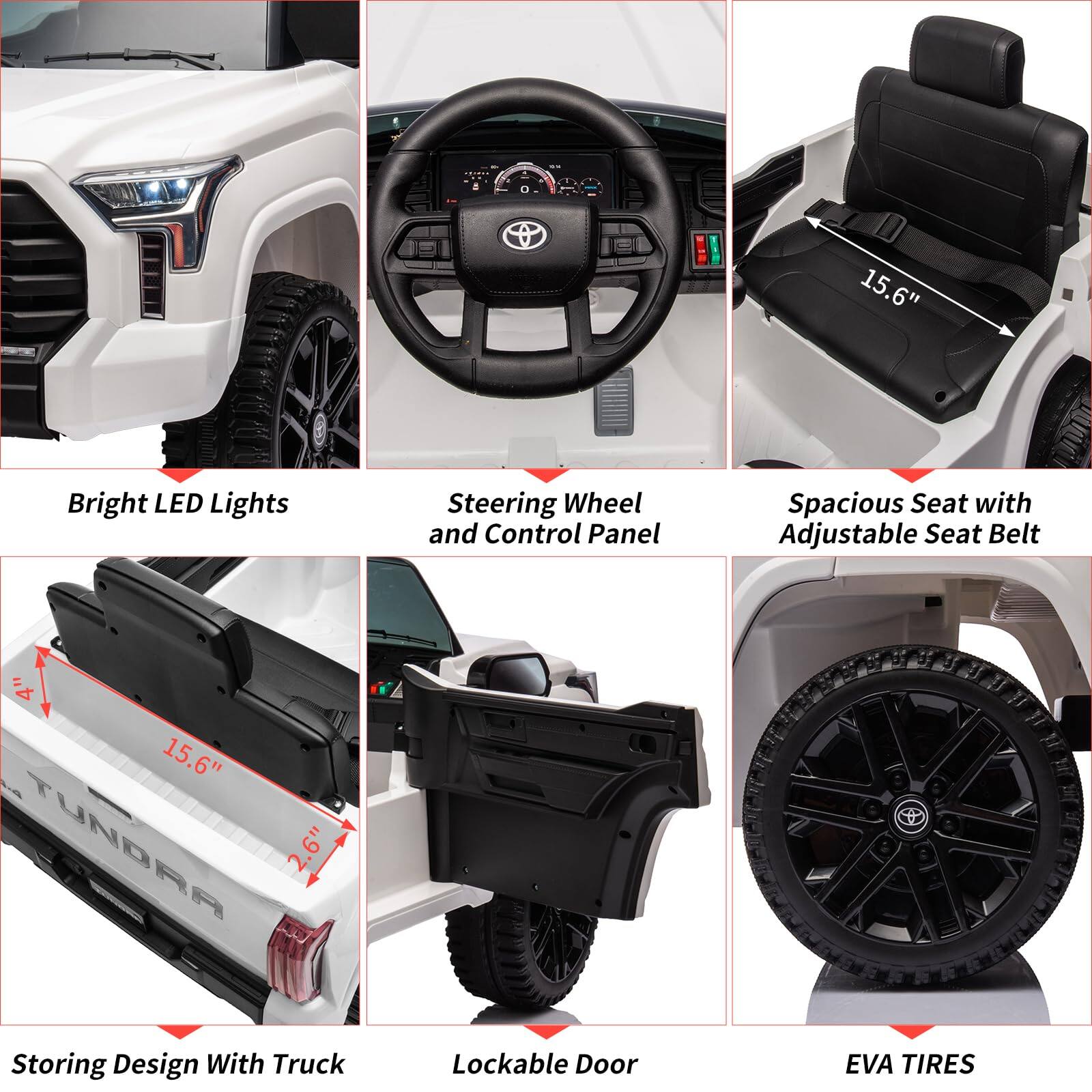 1. Bright LED Lights
2. Steering Wheel and Control Panel
3. Spacious Seat with Adjustable Seat Belt
4. Storing Design With Truck
5. Lockable Door
6. EVA TIRES