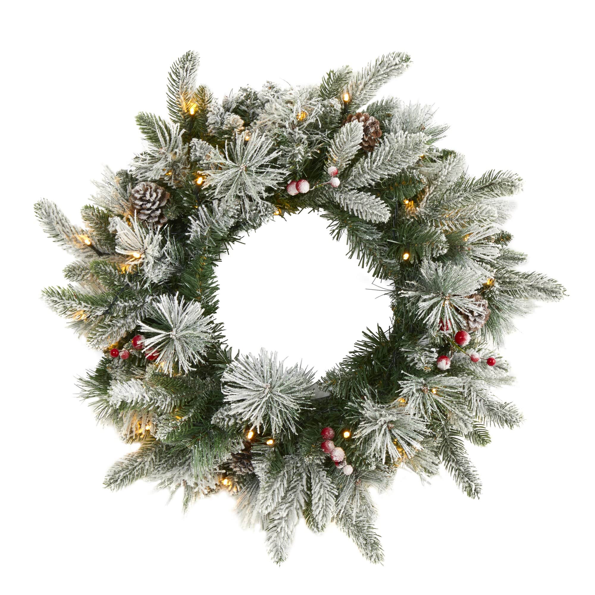 BreeBe - 20” Flckd Wreath w/50 LEDs, Pine Cones, Berries & 130 Tips - Green