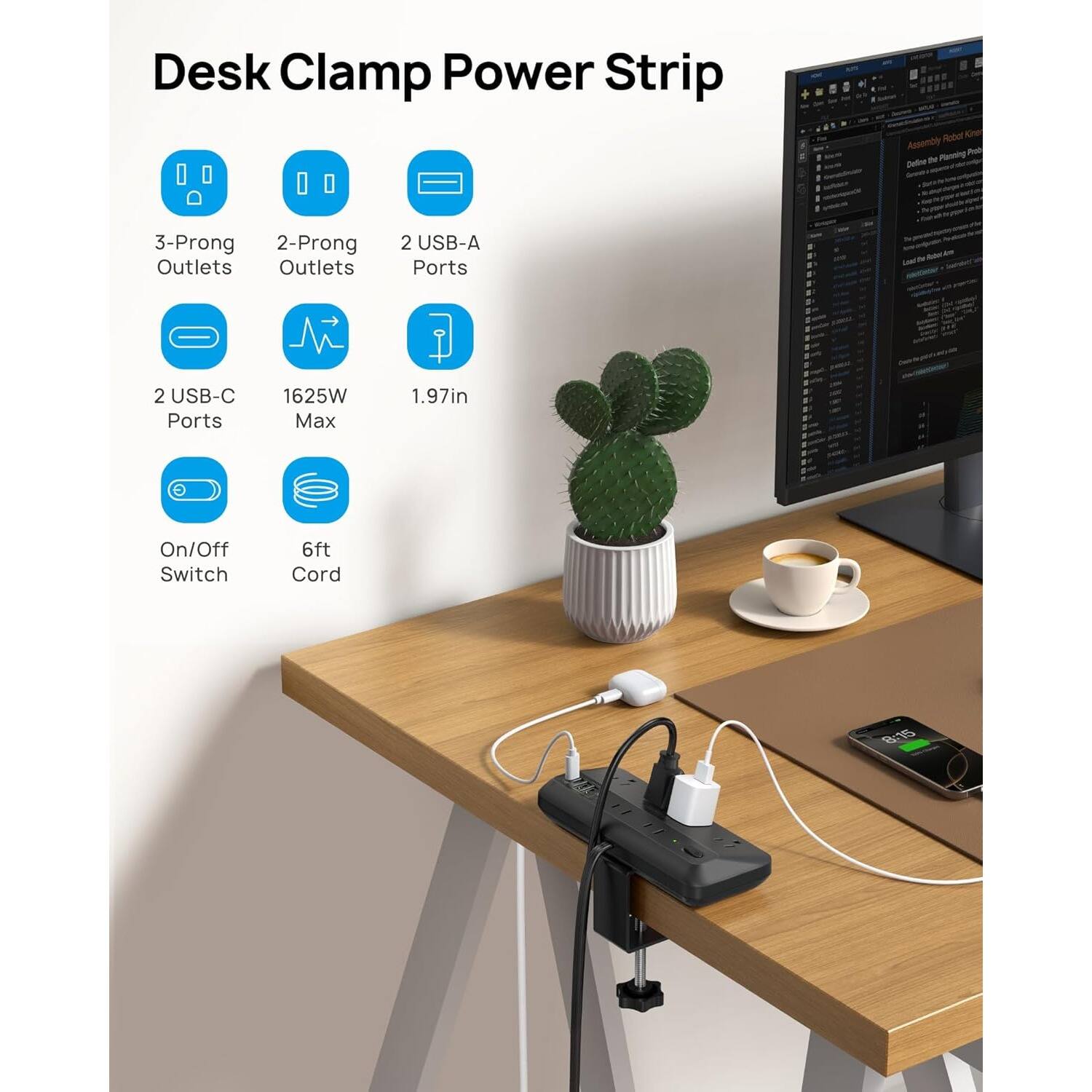 Desk Clamp Power Strip, Rubber Cne Assomble de Dellne, 3-Prong Outlets, 2-Prong Outlets, 2 USB-A Ports, 2 USB-C Ports, 1625W Max, 1.97in, On/Off Switch, 6ft Cord, 8:55