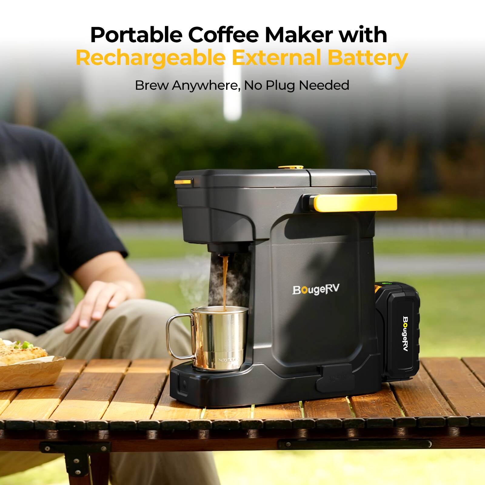 Portable Coffee Maker with Rechargeable External Battery  
Brew Anywhere, No Plug Needed  

YORTUGA  
BougeRV AC-IN  
BougeRV