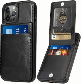 Entronix - Slim Leather Wallet Case for iPhone 13 Pro Max with 6 Card Slots - Black