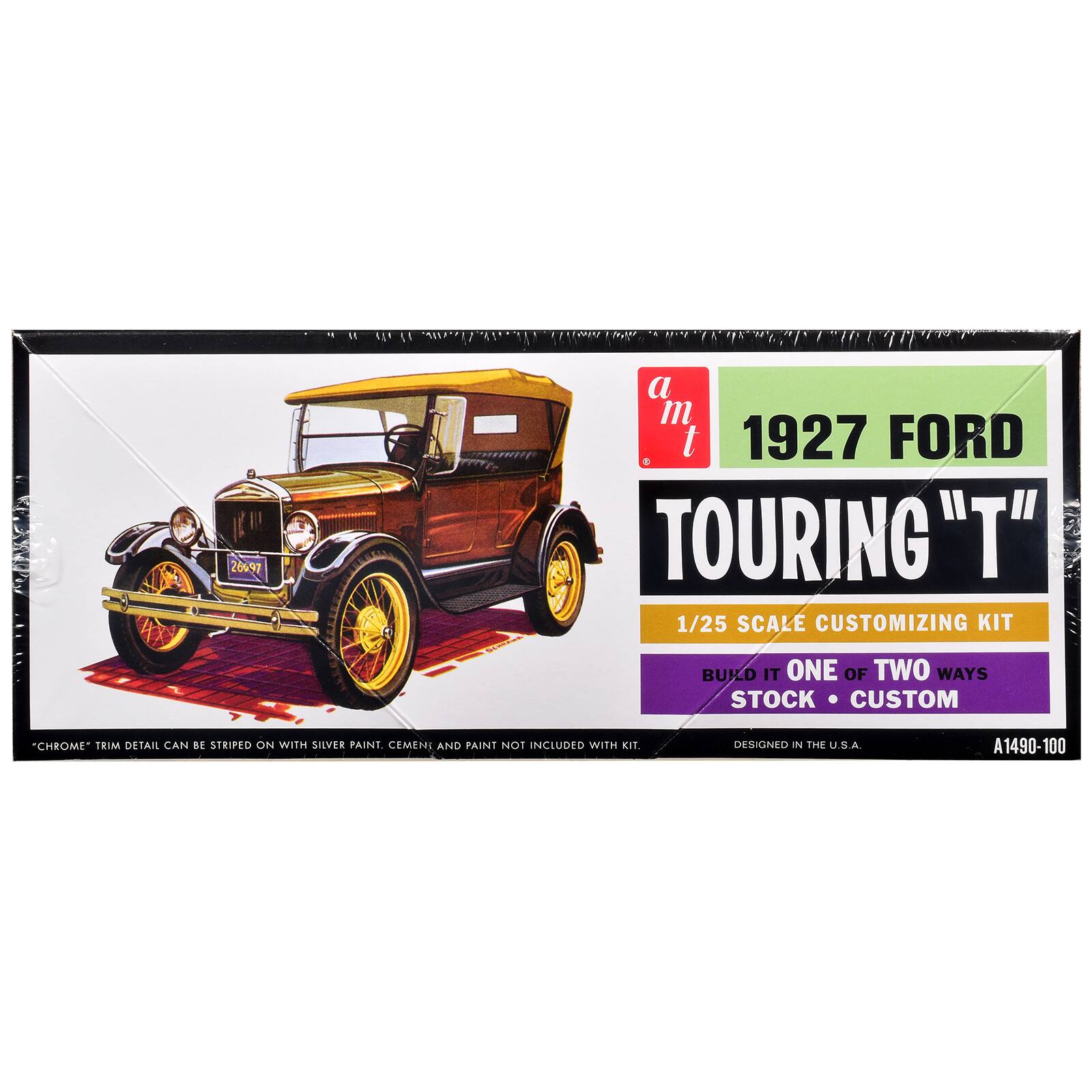 26097  
a m t 1927 FORD TOURING "T" 1/25 SCALE CUSTOMIZING KIT  
BUILD IT ONE OF TWO WAYS STOCK CUSTOM  
"CHROME" TRIM DETAIL CAN BE STRIPED ON WITH SILVER PAINT. CEMENT AND PAINT NOT INCLUDED WITH KIT.  
DESIGNED IN THE U.S.A.  
A1490-100