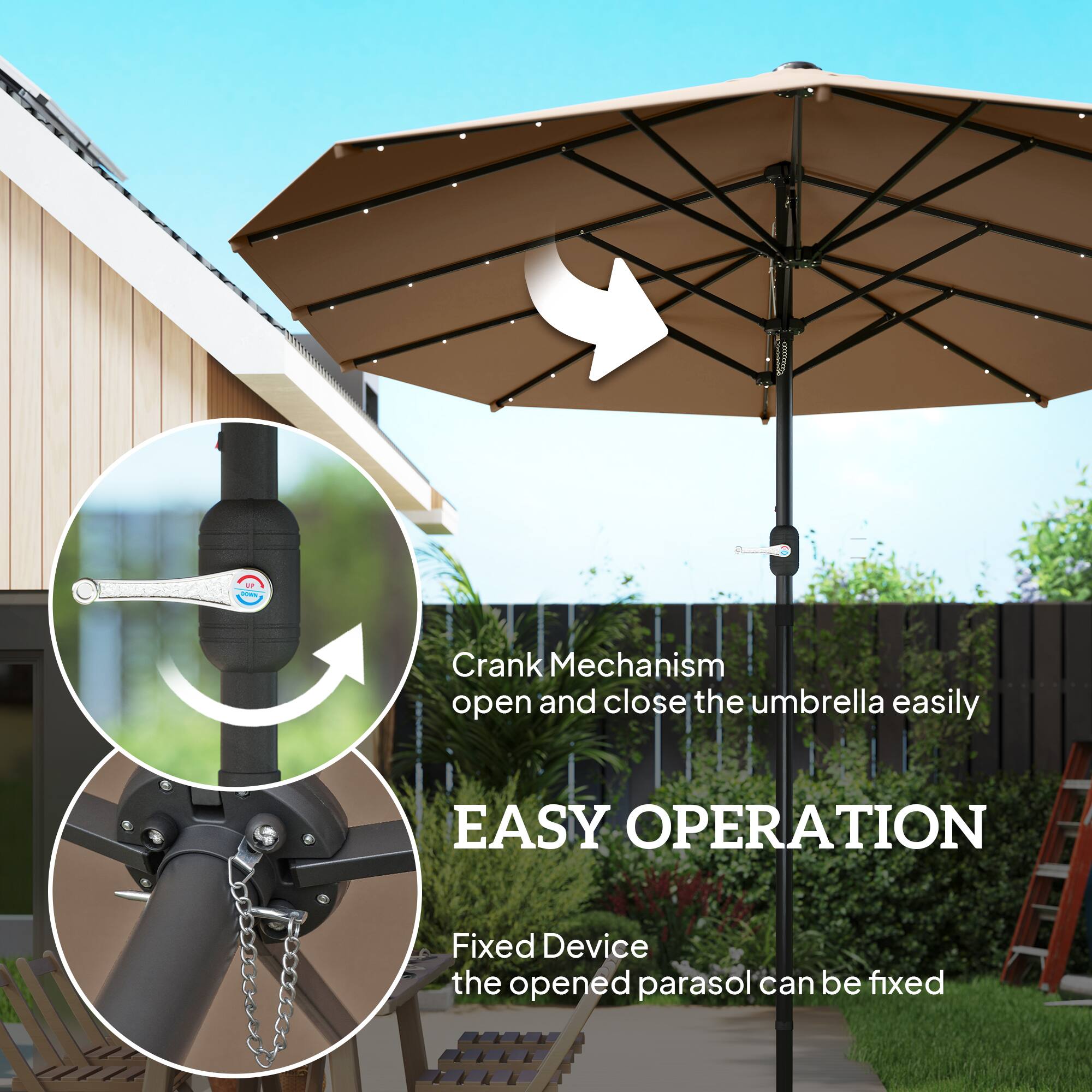 - Crank Mechanism: Open and close the umbrella easily
- Fixed Device: The opened parasol can be fixed

EASY OPERATION