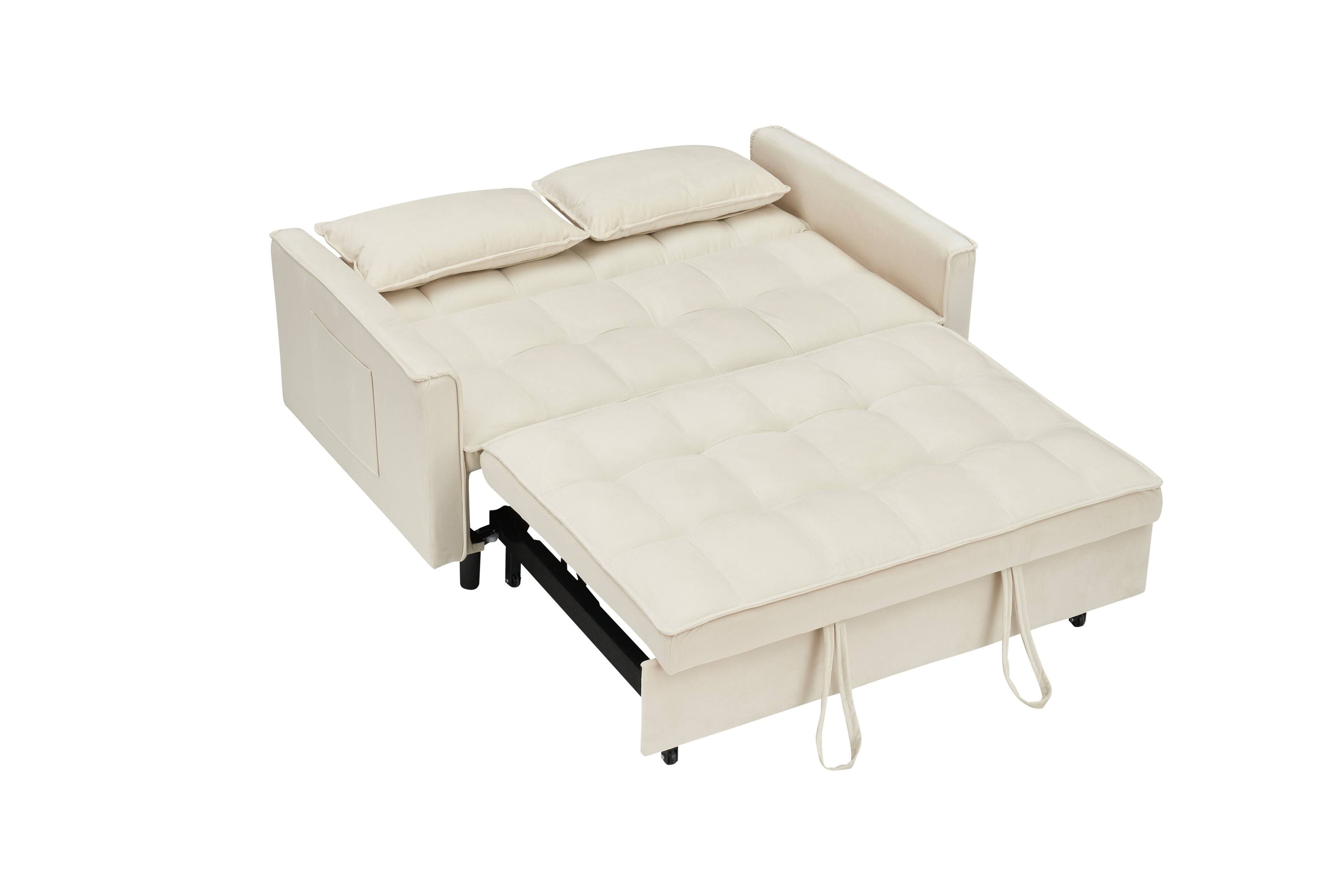 Alt View 2. GOODSILO - Elegant 55-Inch Velvet Sofa Bed with Storage Pockets - Three-in-One Convertible Design - Beige.