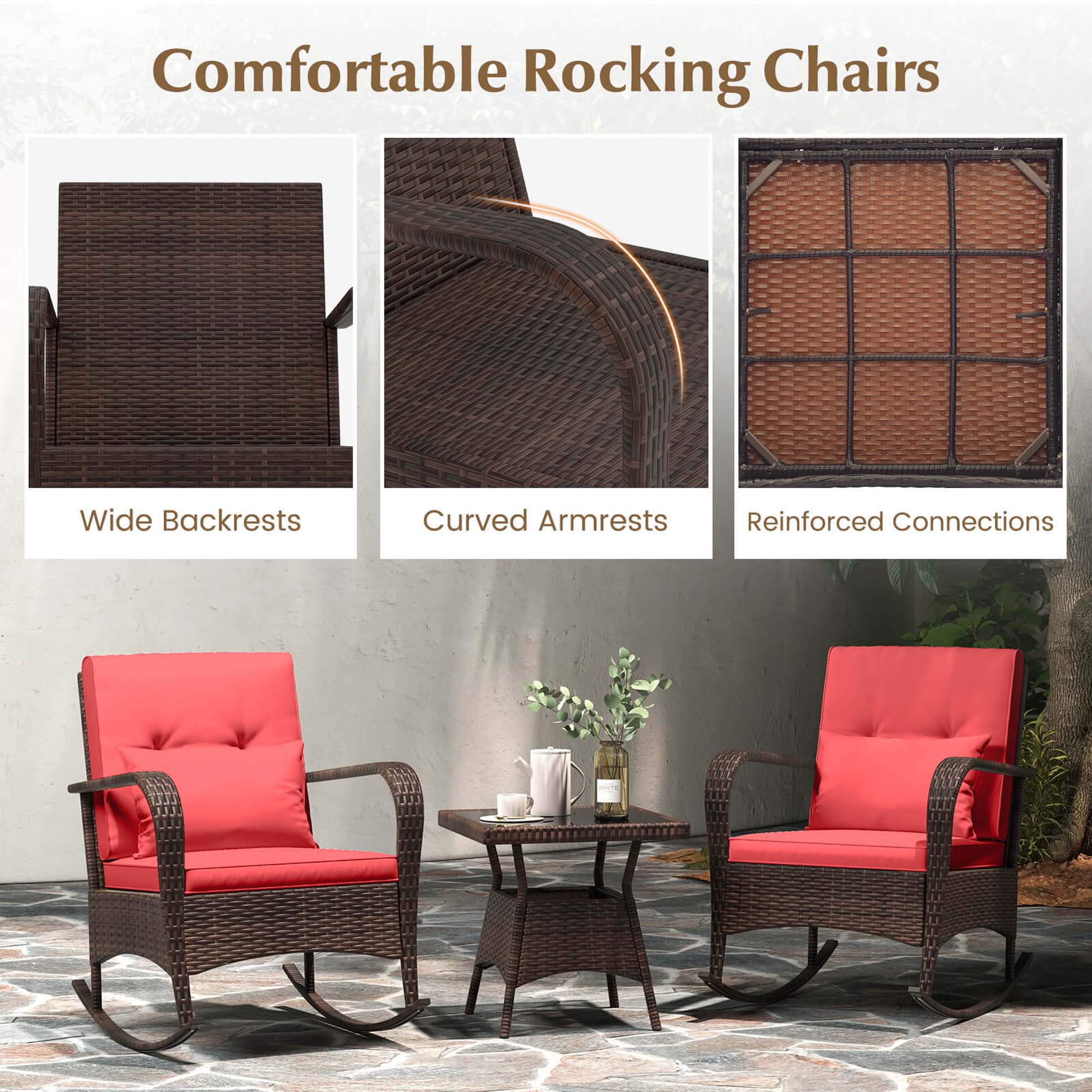 Comfortable Rocking Chairs  
Wide Backrests  
Curved Armrests  
Reinforced Connections