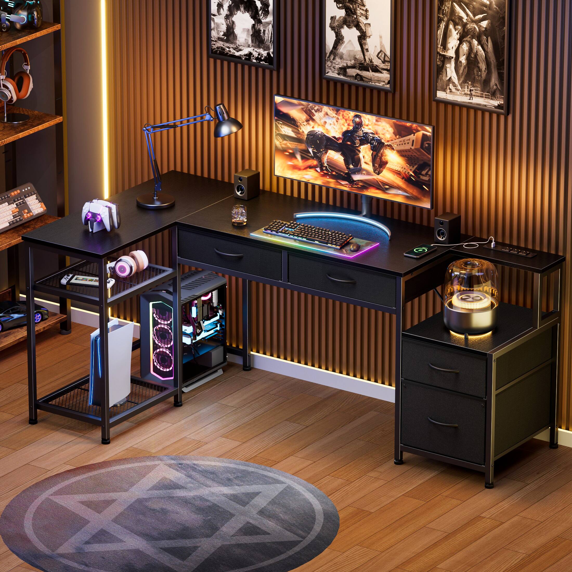 Alt View 7. Furnulem - Computer Desk With Drawers Power Outlet Gaming Desk With Storage Shelves for Home Office Desk - Black.