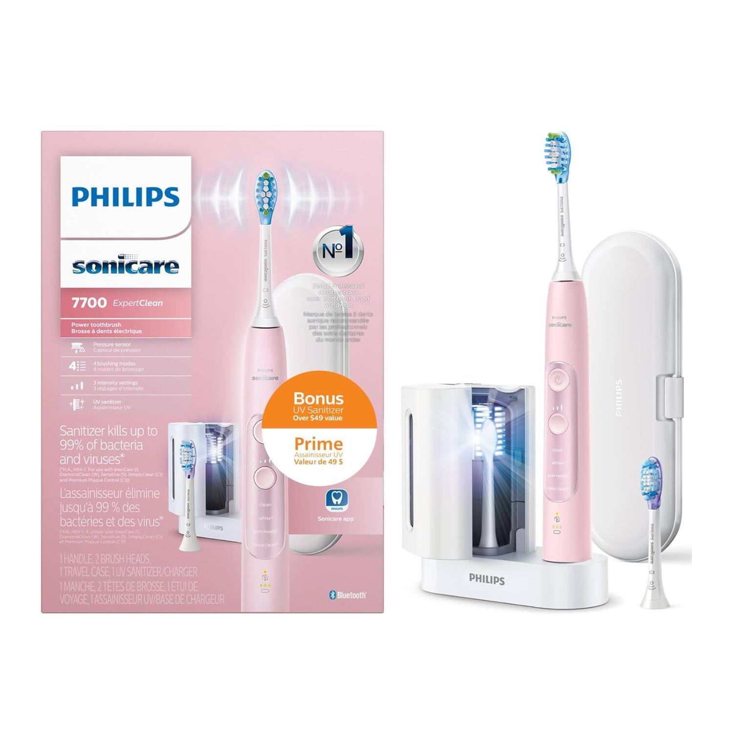 PHILIPS sonicare 7700 ExpertClean POM me Sanna denes électrique Paure - Canteur pen 1 pelt craunced de -. Maroue -e 4 deta - - - - de sedicare brustig mt mowan - cnage 1 eerany PT20 mn erun SArE Sanitizer kills up to 99% of bacteria and viruses* - - a - - L - Corma 0 Lassainisseur limine jusqu' 99 % des bactries et des virus* Bonus UV Sanitier Over $49 value Prime Assainisteur UV Valeur de 45 1 Sunicare 100 5allne HANDLE 2 BRUSH HEADS ITRAVEL CASE TU SANITIZER/CHARGER MANCHE 2 TETES DE BROSSE, TUIDE VOYAGE ASSAINISSEUR UW/BASE DE CHARGEUR 2 I Bluefooth PHILIPS